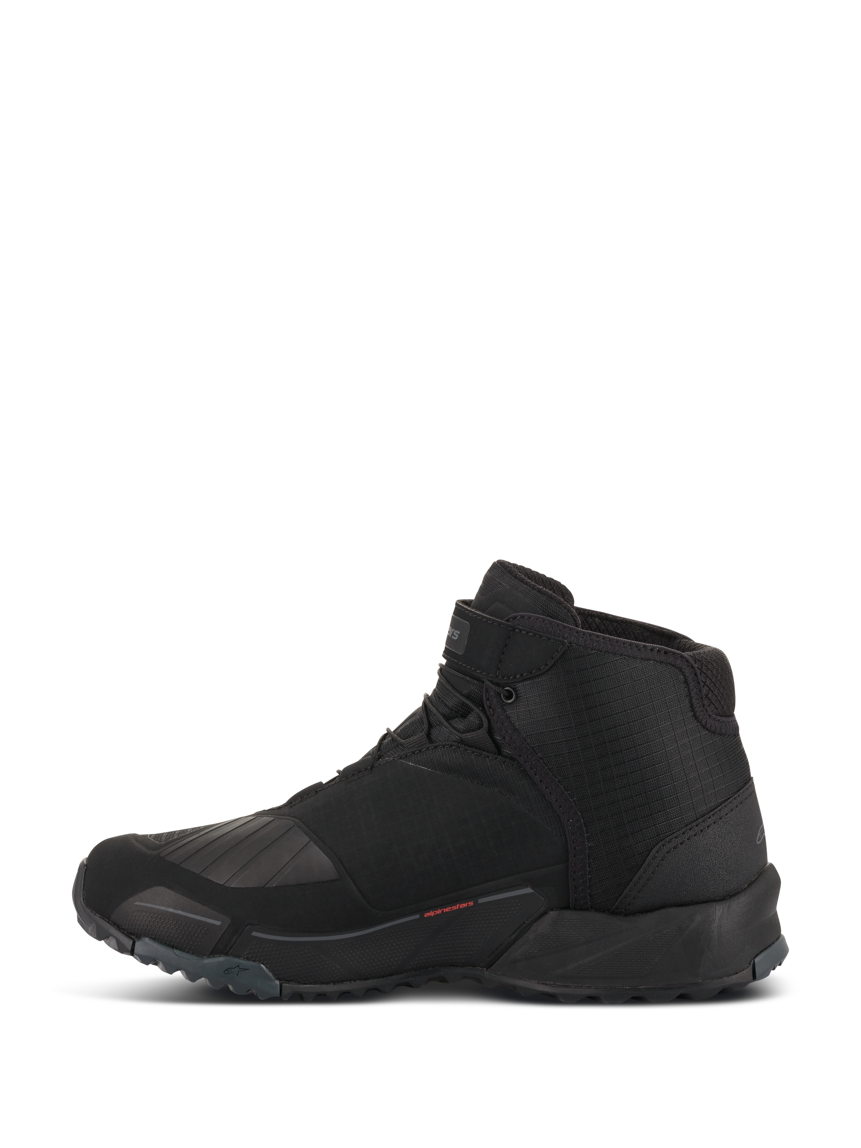 Alpinestars CR-X Drystar Motorradschuhe, Motorradschuhe, Schwarz, Seitenprofilansicht, High-Top-Design mit Laufschuh-Silhouette, mit verstärkter TPU-Schaltzone, profilierter Außensohle für Grip und wasserdichter Konstruktion für Stadt- und Straßenfahrten.