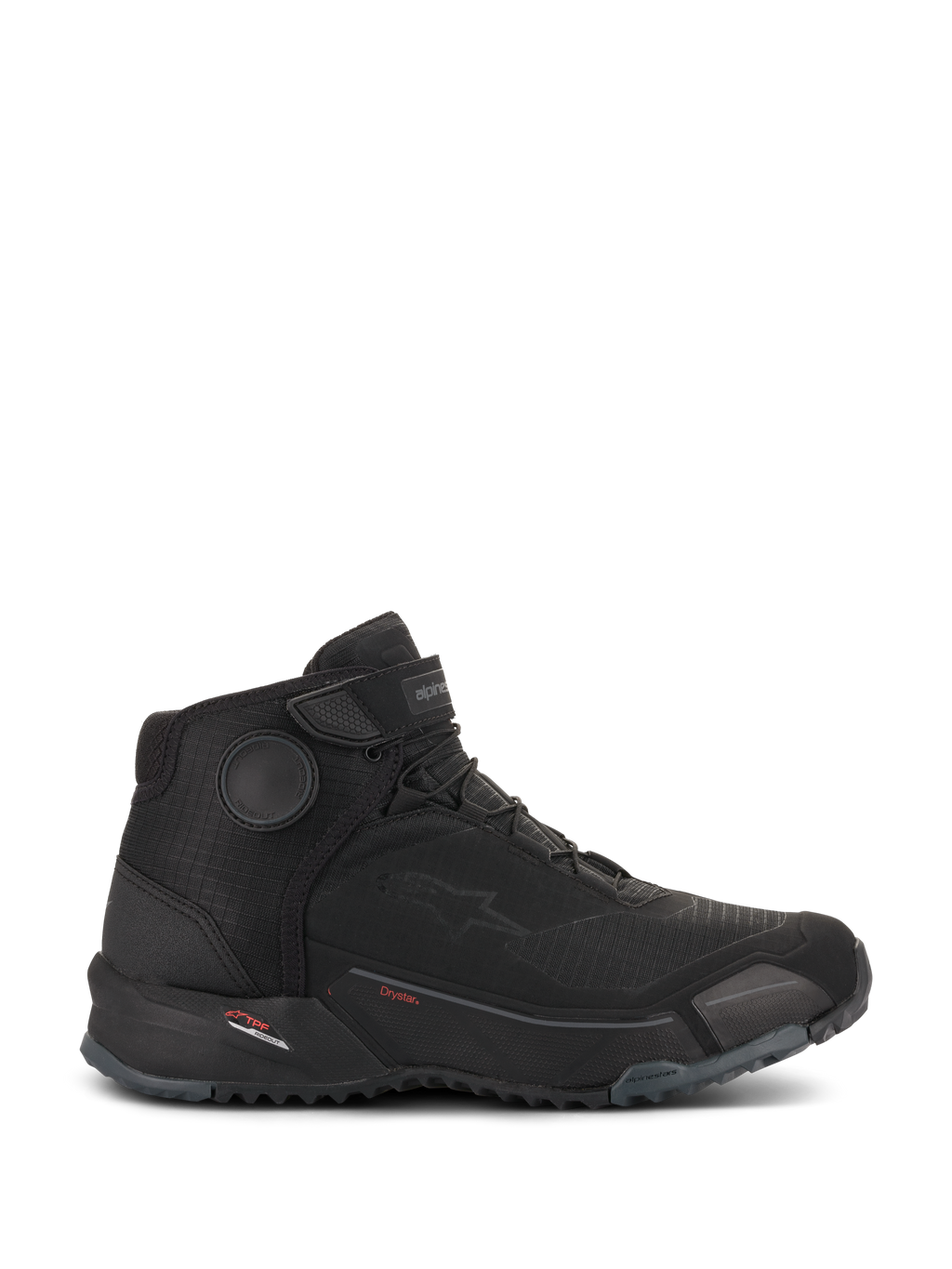 Alpinestars CR-X Drystar® Riding Shoes, Motorradschuhe, Schwarz, Seitenansicht, schlankes, von Sneakern inspiriertes Design mit robuster Außensohle, Drystar-Branding und schützenden Knöchelscheiben