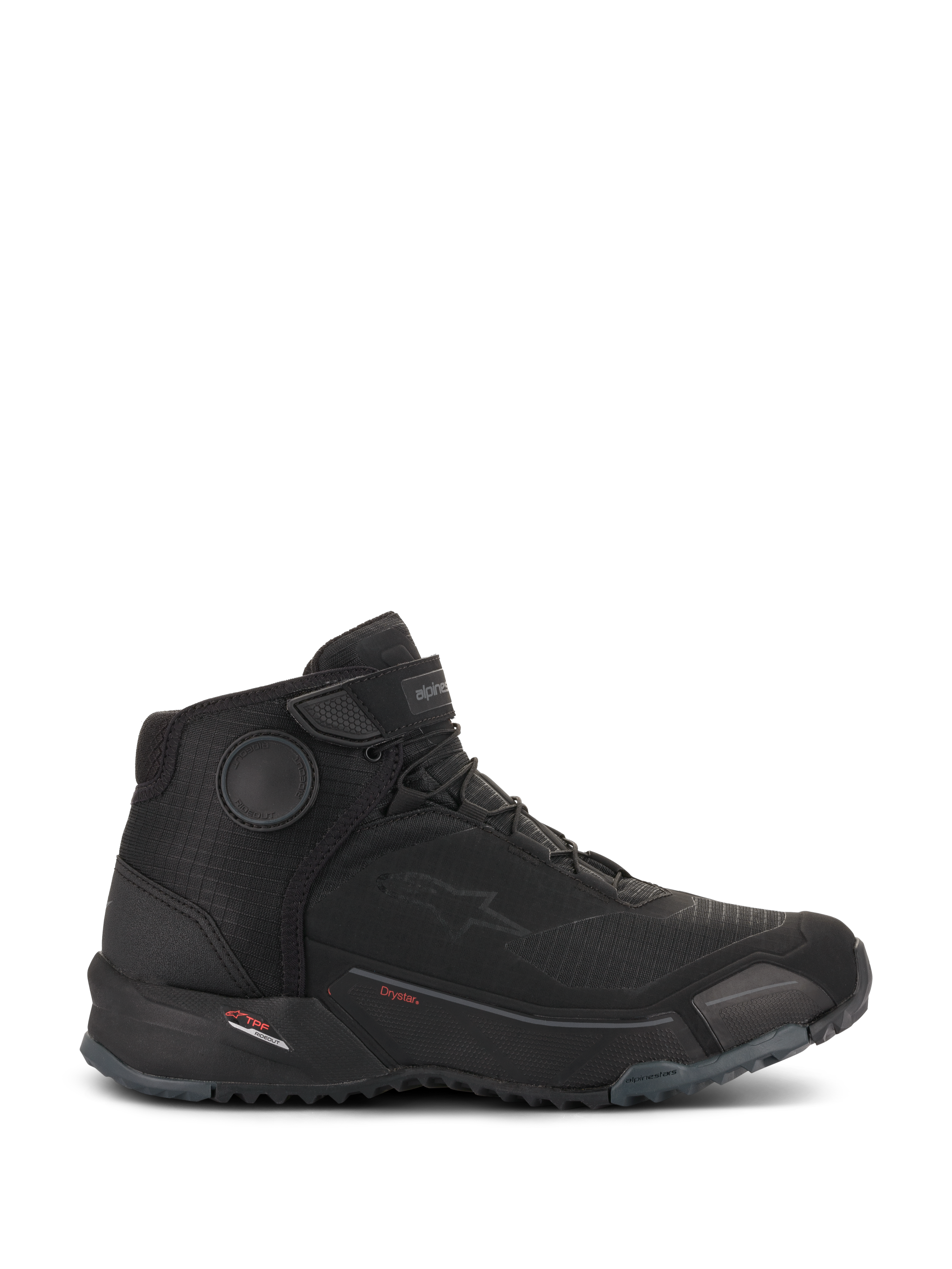 Alpinestars CR-X Drystar® Riding Shoes, Motorradschuhe, Schwarz, Seitenansicht, schlankes, von Sneakern inspiriertes Design mit robuster Außensohle, Drystar-Branding und schützenden Knöchelscheiben