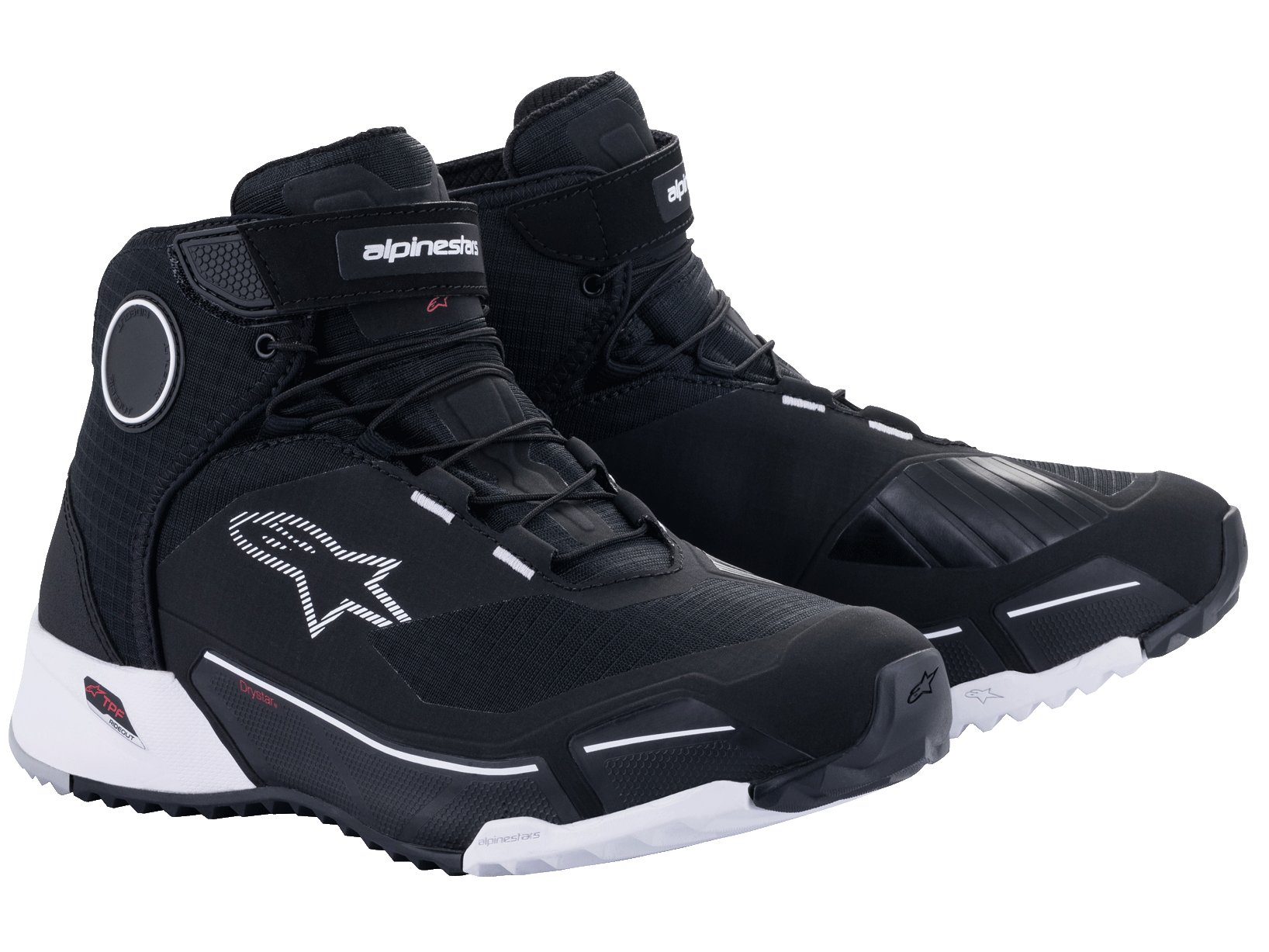 Alpinestars CR-X Drystar Motorradschuhe in Schwarz und Weiß, wasserdichte Motorradschuhe im sportlichen Stil mit einer weißen Außensohle, schwarzem Textil-Obermaterial mit weißen Logo-Akzenten und schützenden Knöchelscheiben.