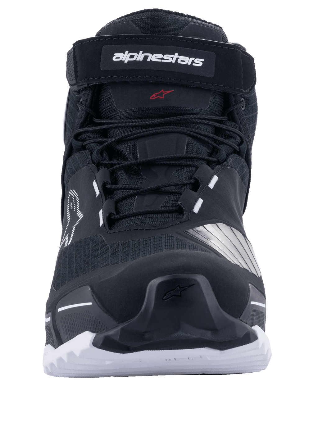 Alpinestars CR-X Drystar® Motorradschuhe, Schwarz und Weiß, Frontansicht mit Schnürsenkeln und Alpinestars-Markenriemen oben, weiße Sohle mit griffigem Profil, sportliches Laufschuh-inspiriertes Design für Straßen- und Adventure-Fahrten