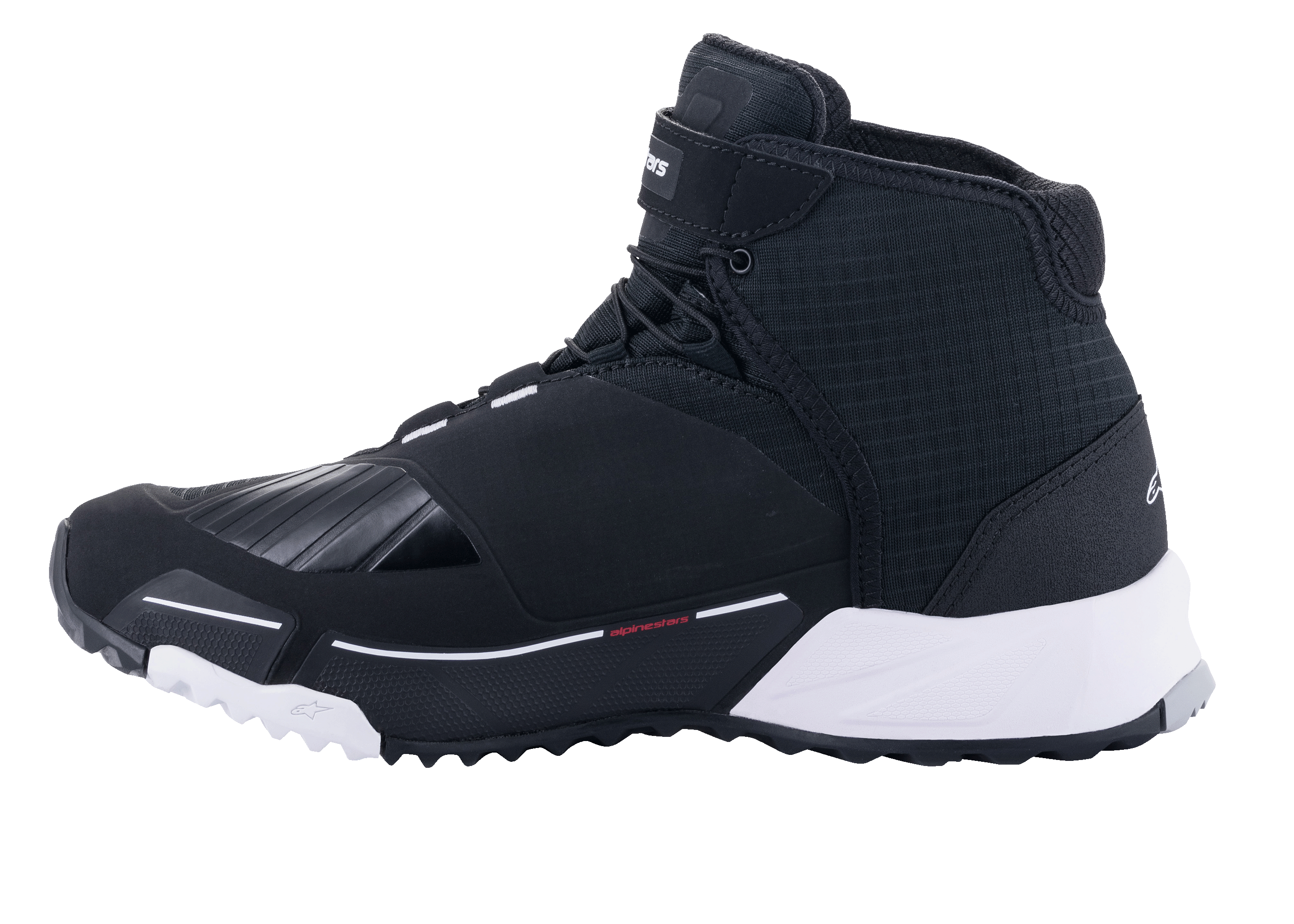 Alpinestars CR-X Drystar® Motorradschuhe, Schwarz und Weiß, Seitenansicht mit einem von Laufschuhen inspirierten Design, wasserfestem Textil-Obermaterial, weißer EVA-Zwischensohle und verstärktem Schaltbereich im Zehenbereich.