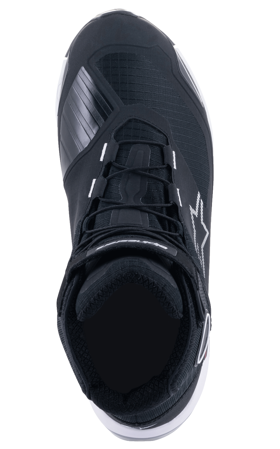 Alpinestars CR-X Drystar® Motorradschuhe, Draufsicht, Schwarz und Weiß, mit Schnürverschluss und Klettverschluss-Knöchelriemen, strukturierter Schalthebelverstärkung im Zehenbereich und weißem Stern-Logo an der Seite, strapazierfähige und wasserdichte Motorradschuhe
