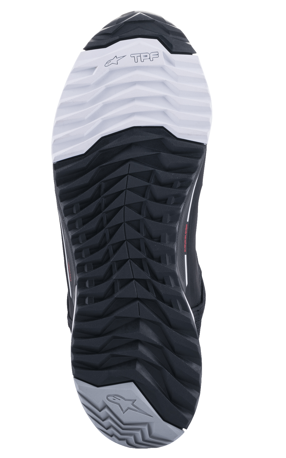 Alpinestars CR-X Drystar® Motorradschuhe, Ansicht der Außensohle, schwarz-weiß-graue duale Gummimischung-Sohle, asymmetrisches Stollenprofil für Grip, mit TPF-Branding und Stern-Logos