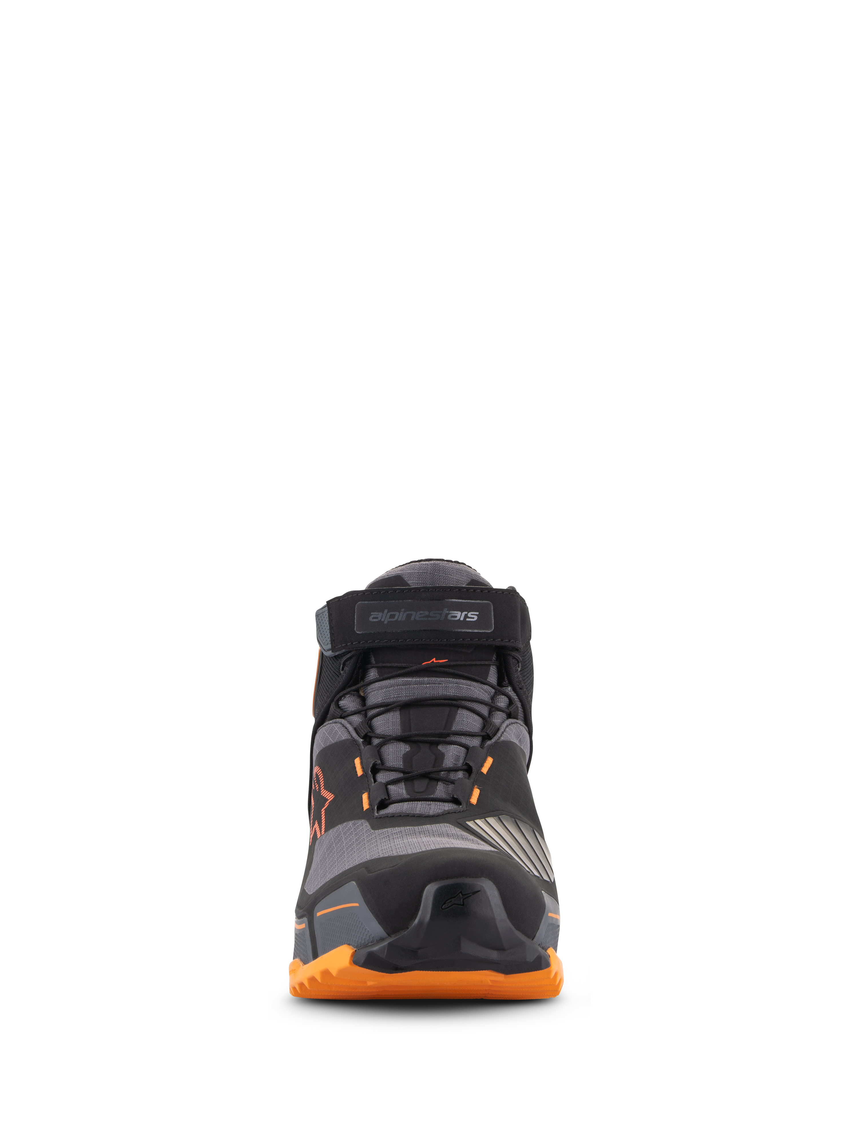 Alpinestars CR-X Drystar® Motorradschuhe, Vorderansicht, Schwarz, Hellbraun und Orange, sicheres Schnürsystem mit Knöchelriemen, schützende Zehenkappe und robuste orangefarbene Sohle, wasserdichtes urbanes Motorradschuhwerk