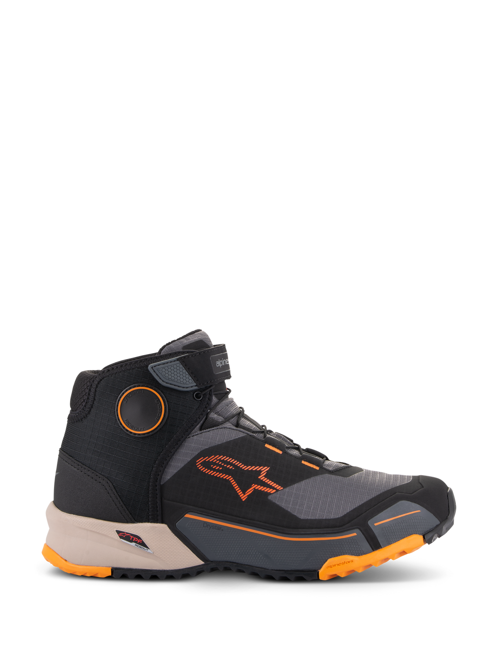 Alpinestars CR-X Drystar® Riding Shoes, Urban-Motorradschuhe, Schwarz, Grau und Orange mit hellbrauner Zwischensohle, knöchelhohes Design mit Klettverschluss am Knöchel, leuchtend orangefarbenes Branding und robuste Sohle mit orangefarbenen Akzenten