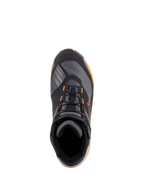 Alpinestars CR-X Drystar® Motorradschuhe, Draufsicht, Farbgebung Schwarz, Hellbraun und Orange, sportliche Motorradschuhe mit schwarzen Schnürsenkeln, orangen Akzenten und hellbrauner Sohle, wasserdichte Schutzausrüstung für Straßen- und Stadtfahrten.