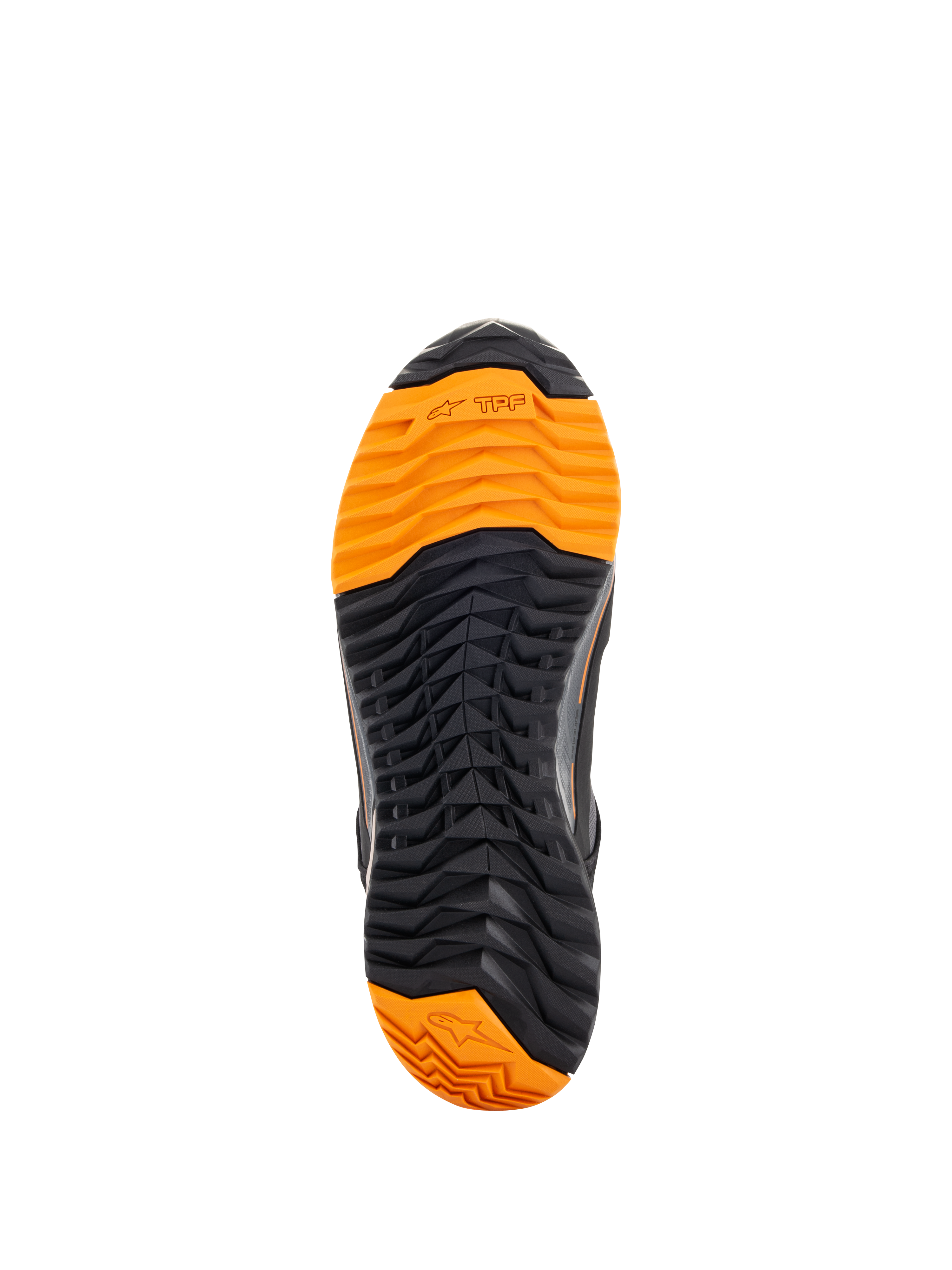 Alpinestars CR-X Drystar® Motorradschuhe, Unteransicht der Sohle, schwarz und leuchtend orangefarbenes Profil, aggressives Stollenprofil für Grip, mit TPF- und Alpinestars-Stern-Logos, entwickelt für Motorradfahren und Gehkomfort