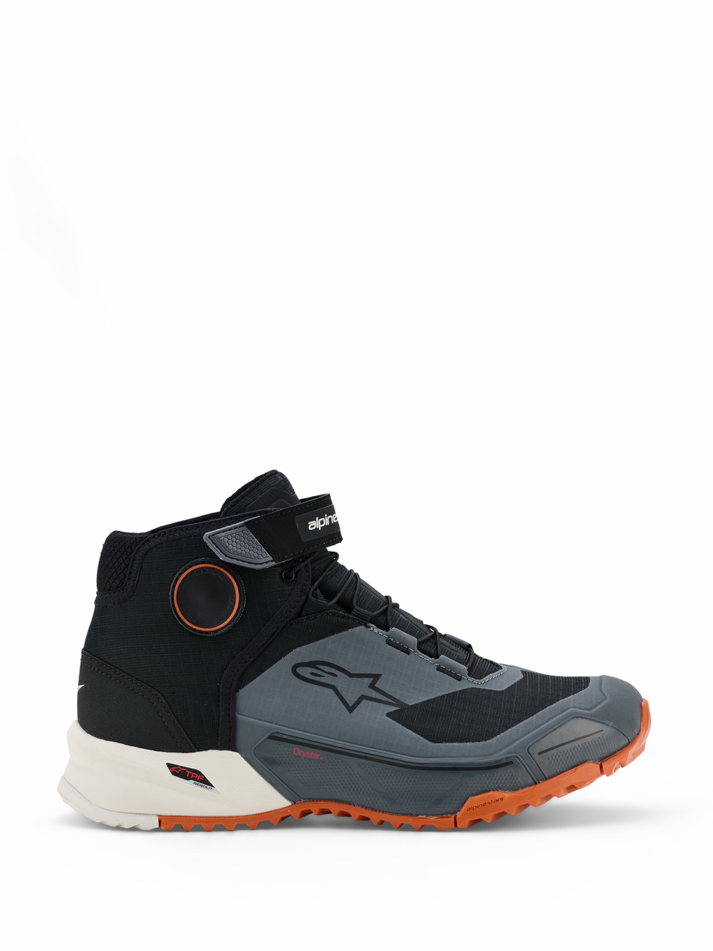 Alpinestars CR-X Drystar Motorradschuhe, Schwarz, Dunkelgrau und Rostrot, High-Top-Design mit Klettverschluss am Knöchel, wasserdichte Drystar-Membran, weiße Zwischensohle und leuchtend orangefarbene, robuste Außensohle