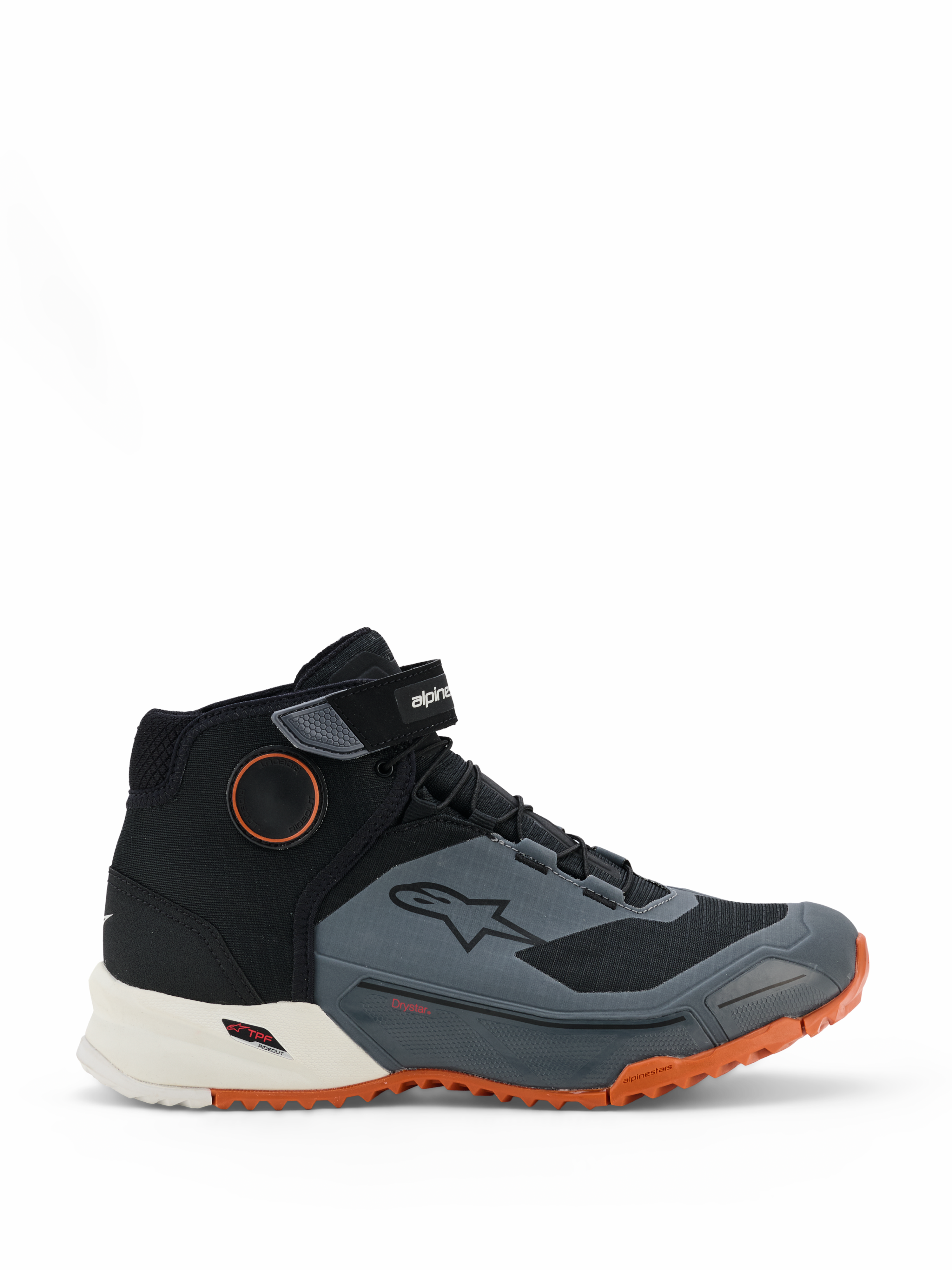 Alpinestars CR-X Drystar Motorradschuhe, Schwarz, Dunkelgrau und Rostrot, High-Top-Design mit Klettverschluss am Knöchel, wasserdichte Drystar-Membran, weiße Zwischensohle und leuchtend orangefarbene, robuste Außensohle