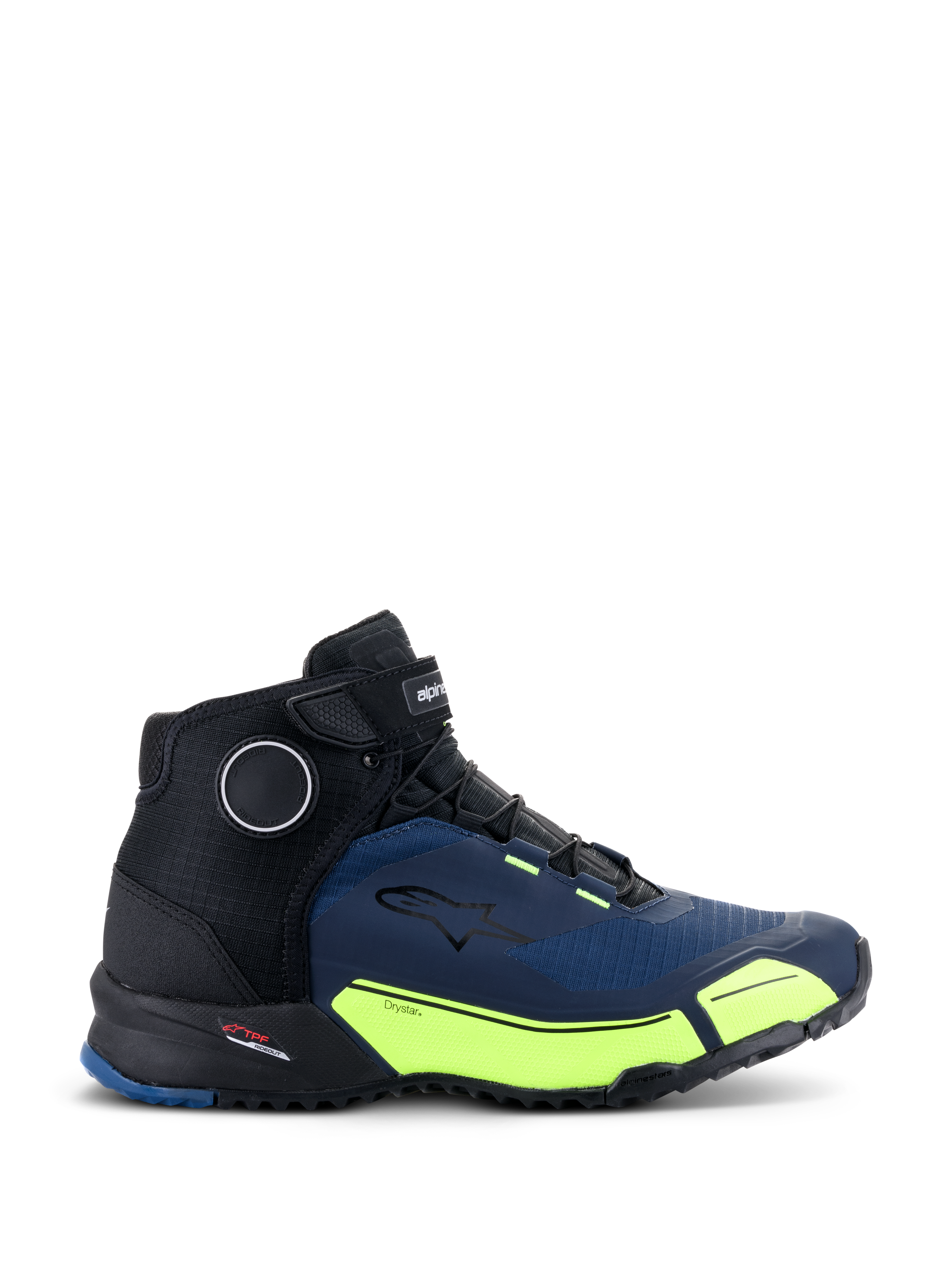 Alpinestars CR-X Drystar® Riding Shoes, Motorcycle Riding Shoes, Black Dark Blue and Yellow Fluo, athletic design featuring black laces and velcro top strap, bright yellow accents on the midsole with Drystar branding, Alpinestars star logo on the side, technical footwear for urban riding