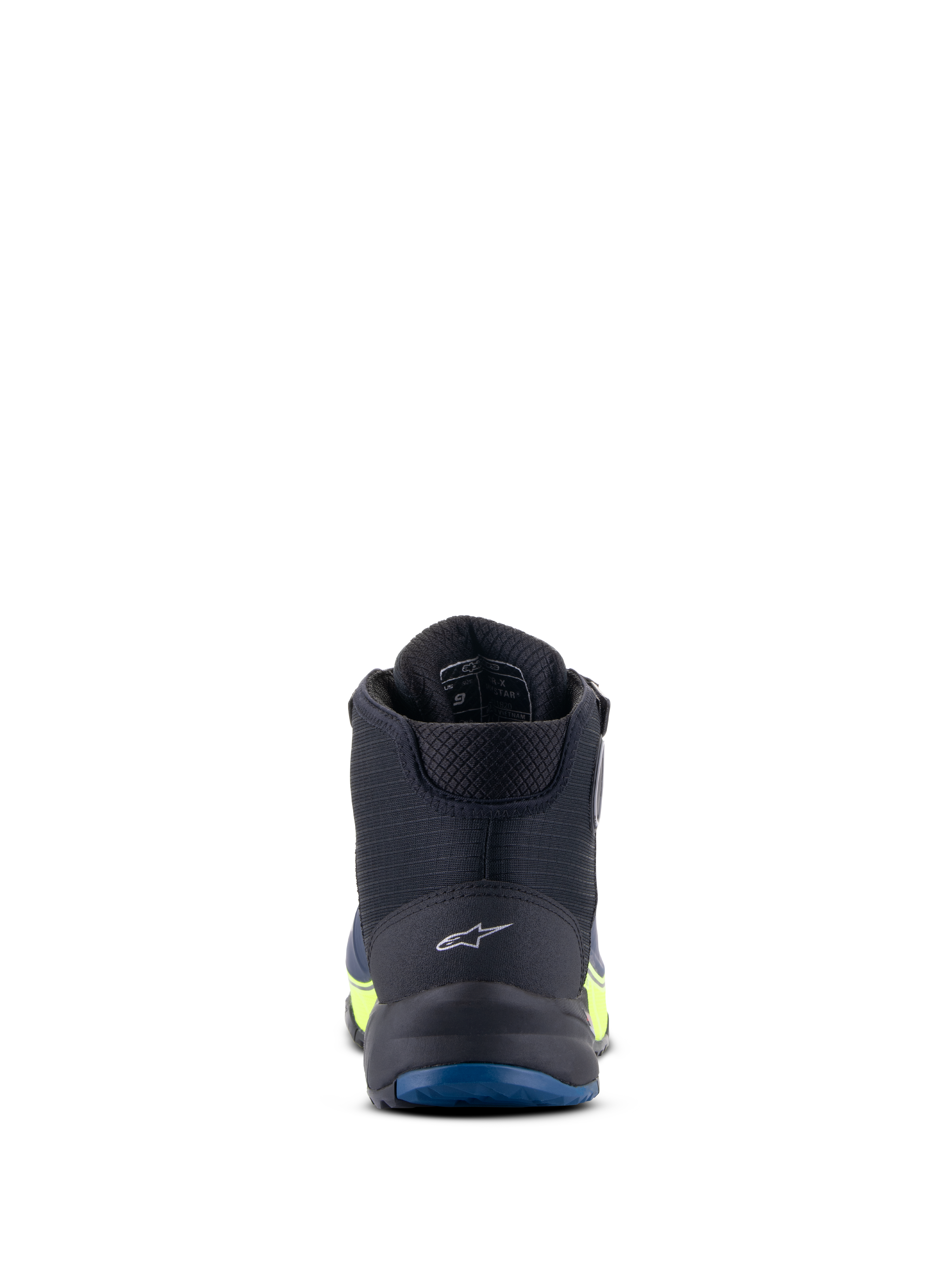 Alpinestars CR-X Drystar® Riding Shoes, Motorcycle Riding Shoes, Black Dark Blue and Yellow Fluo, rear view highlighting the heel logo and blue outsole, waterproof performance with yellow fluorescent accents