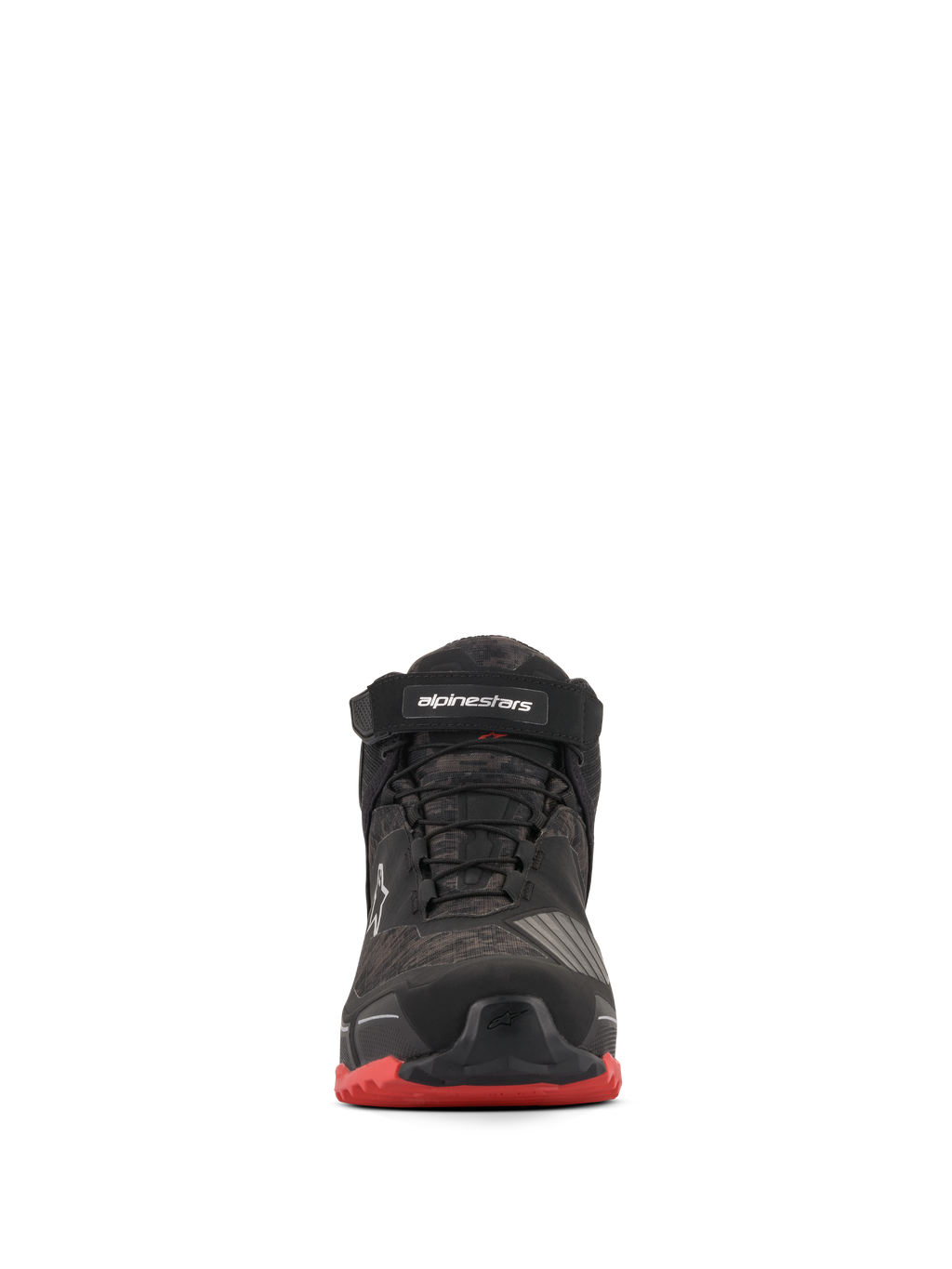 Alpinestars CR-X Drystar® Motorradschuhe, Motorradschuhe, Schwarz Camo Rot, Vorderansicht mit Camouflage-Muster, schwarzer Knöchelriemen mit weißem Branding, schwarze Schnürsenkel und rote Akzente an der Außensohle.