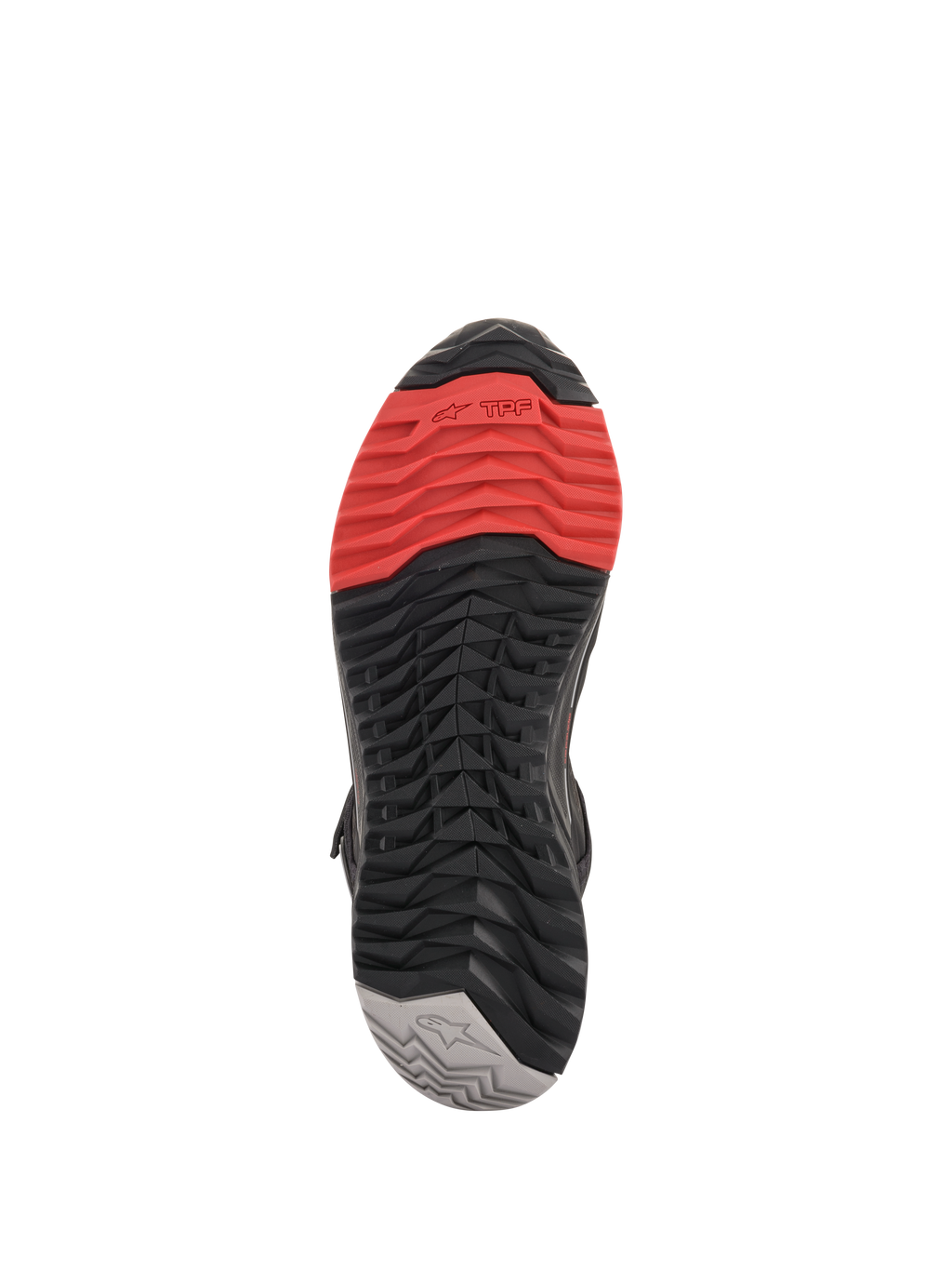 Alpinestars CR-X Drystar® Riding Shoes, Sohlenansicht, mehrfarbiges Profilmuster mit Rot an der Spitze, schwarzem Mittelteil und grauer Ferse, aggressives Grip-Design für Schutz beim Fahren und Gehkomfort.