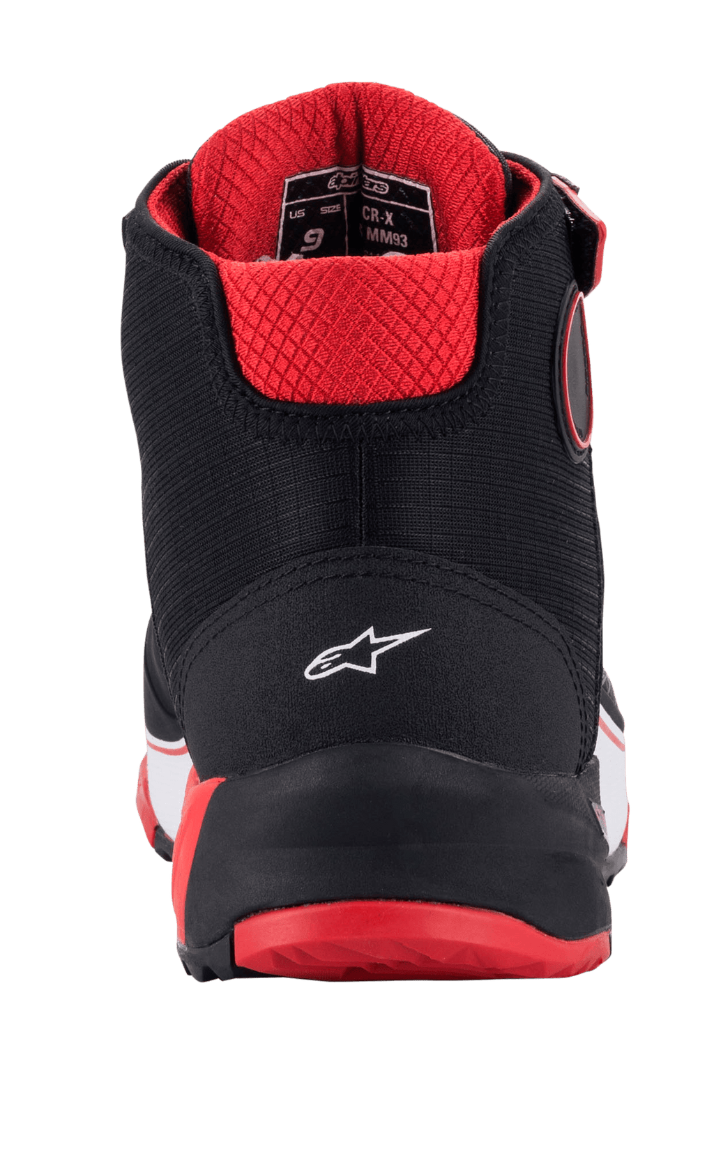 Alpinestars MM93 CR-X Drystar® Riding Shoes, Rear View, Black Red and White, featuring a white star logo on the heel, red quilted inner lining, and red outsole, protective motorcycle footwear