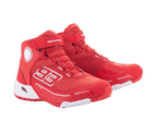 Alpinestars MM93 CR-X Drystar® Motorradschuhe, Leuchtendes Rot und Weiß, Seitenansicht, mit „93“-Grafik auf der Seite, Alpinestars-Logo auf dem Riemen, weiße technische Sohle, von Laufschuhen inspirierte Silhouette für das Motorradfahren