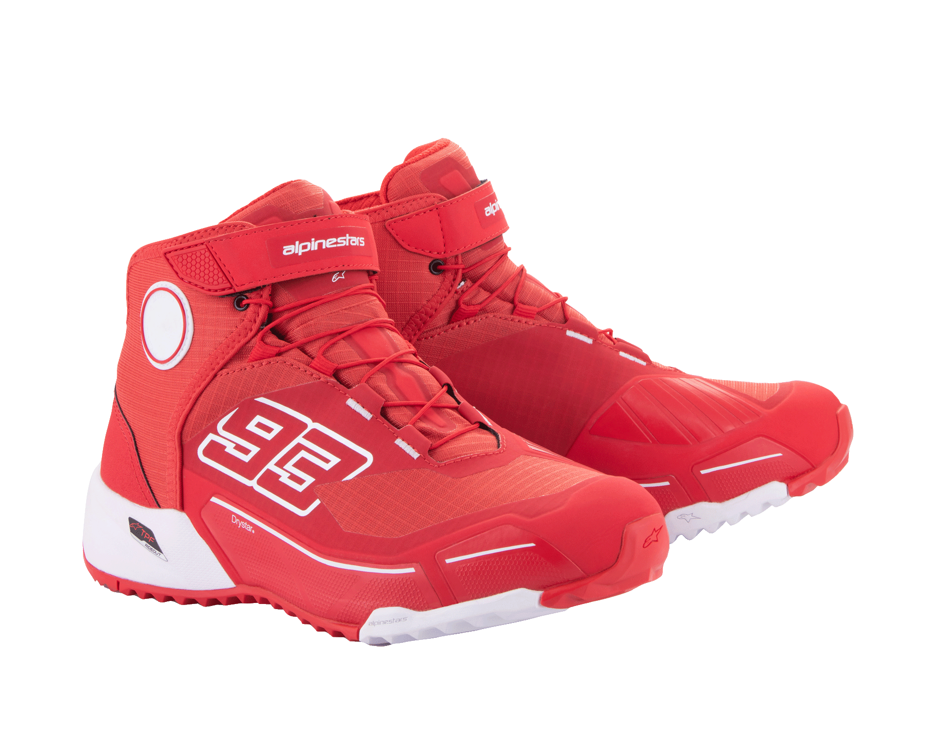 Alpinestars MM93 CR-X Drystar® Motorradschuhe, Leuchtendes Rot und Weiß, Seitenansicht, mit „93“-Grafik auf der Seite, Alpinestars-Logo auf dem Riemen, weiße technische Sohle, von Laufschuhen inspirierte Silhouette für das Motorradfahren