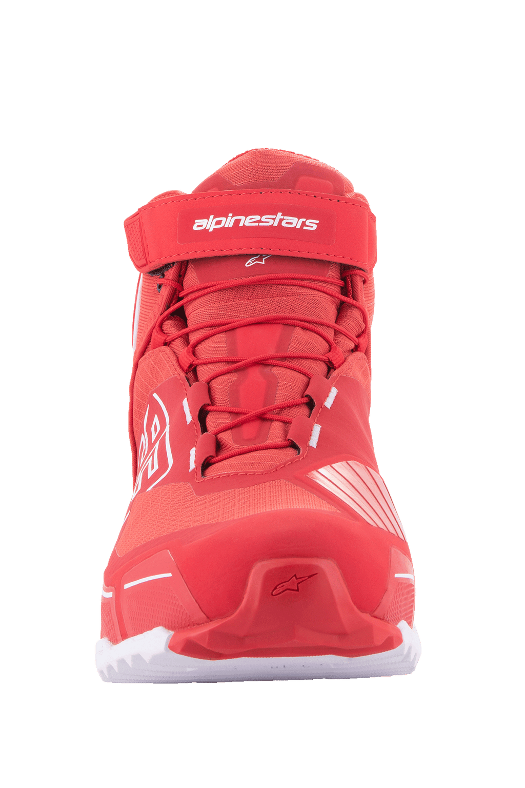 Alpinestars MM93 CR-X Drystar® Motorradschuhe, Motorradschuhe, Hellrot und Weiß, Frontansicht mit roten Schnürsenkeln, Klettverschluss am Knöchel mit weißem Alpinestars-Logo und einer sportlichen, von Laufschuhen inspirierten Silhouette.