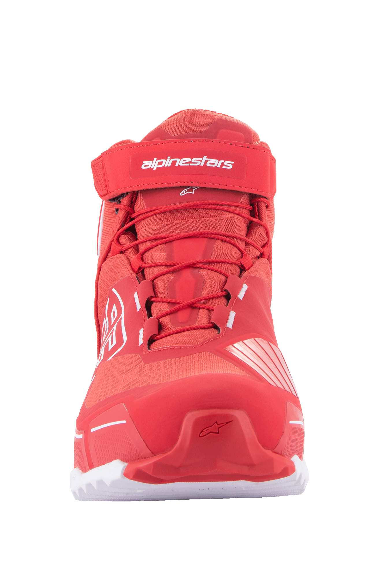 Alpinestars MM93 CR-X Drystar® Motorradschuhe, Motorradschuhe, Hellrot und Weiß, Frontansicht mit roten Schnürsenkeln, Klettverschluss am Knöchel mit weißem Alpinestars-Logo und einer sportlichen, von Laufschuhen inspirierten Silhouette.