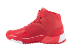 Alpinestars MM93 CR-X Drystar Motorradschuhe, Motorradschuhe, Hellrot und Weiß, Seitenprofilansicht, schlankes sportliches Design mit verstärkter Schaltauflage, weiße Fersen- und Zehenakzente auf einer roten Sohle, urbaner Motorradschuh