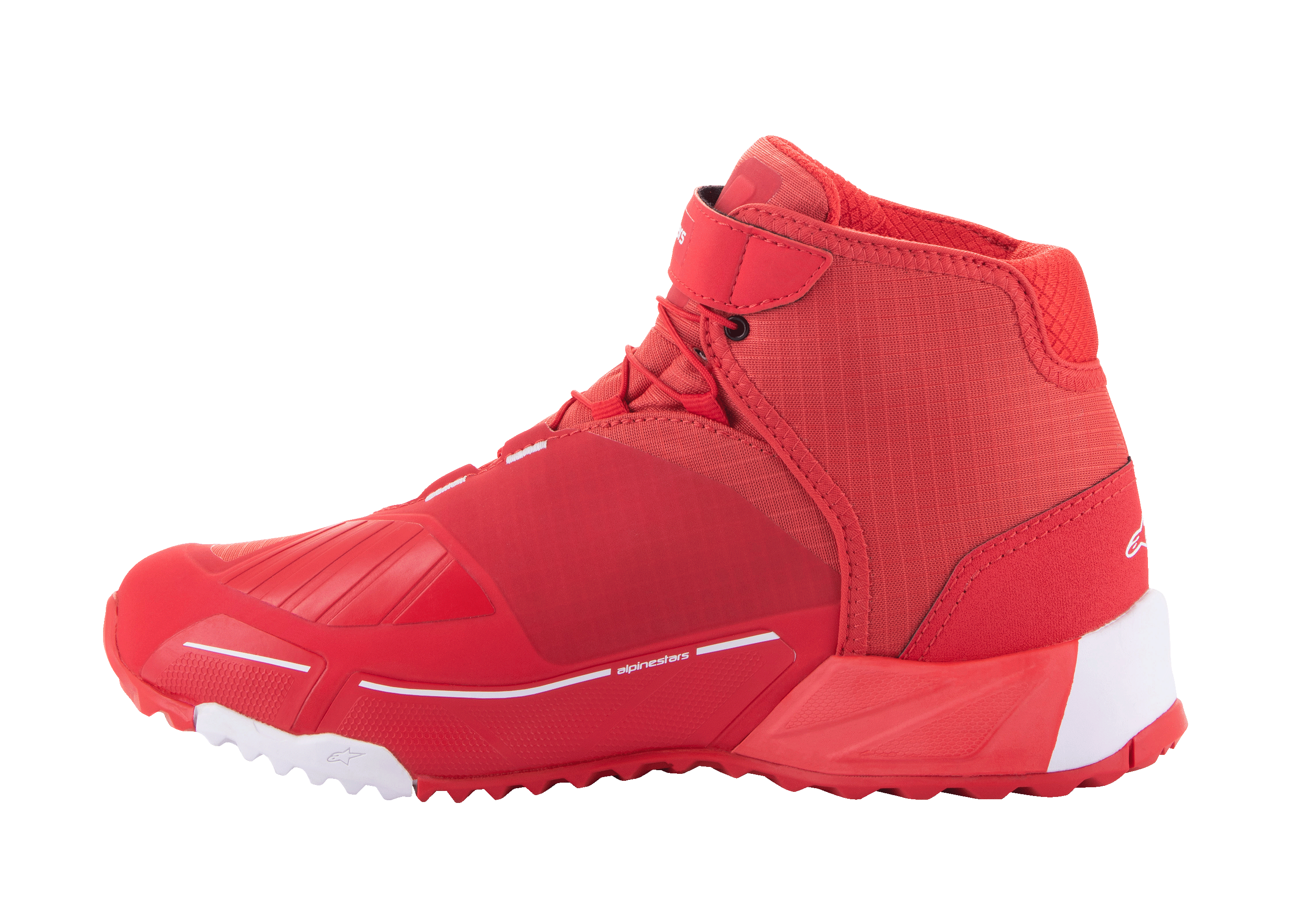 Alpinestars MM93 CR-X Drystar Motorradschuhe, Motorradschuhe, Hellrot und Weiß, Seitenprofilansicht, schlankes sportliches Design mit verstärkter Schaltauflage, weiße Fersen- und Zehenakzente auf einer roten Sohle, urbaner Motorradschuh