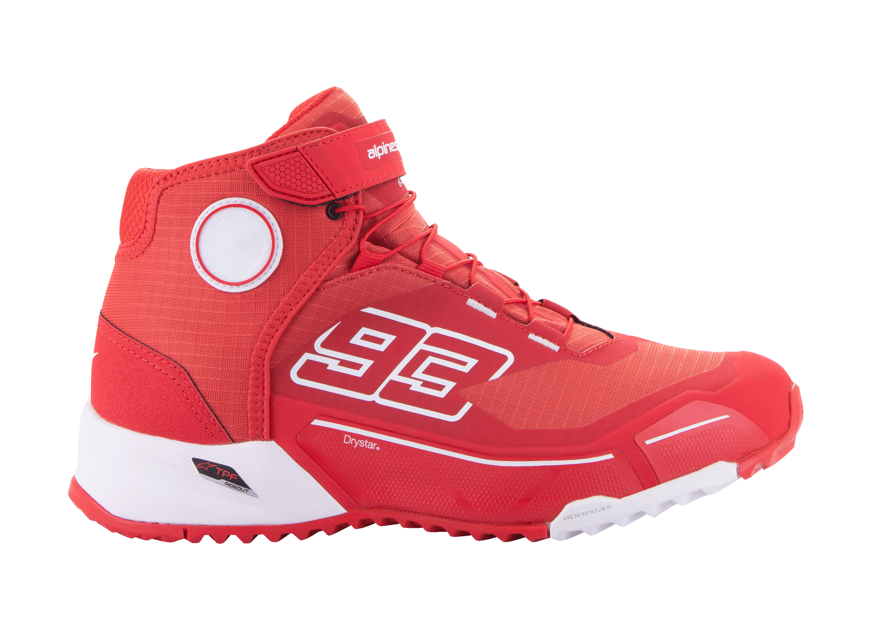 Alpinestars MM93 CR-X Drystar Motorradschuhe, Urbanes Motorradschuhwerk, Hellrot und Weiß, High-Top-Design mit der Nummer 93 von Marc Marquez, wasserdichte Drystar-Technologie, strukturiertes Textilobermaterial mit weißer EVA-Zwischensohle und roter Gummisohle, Klettverschluss und Schnürung