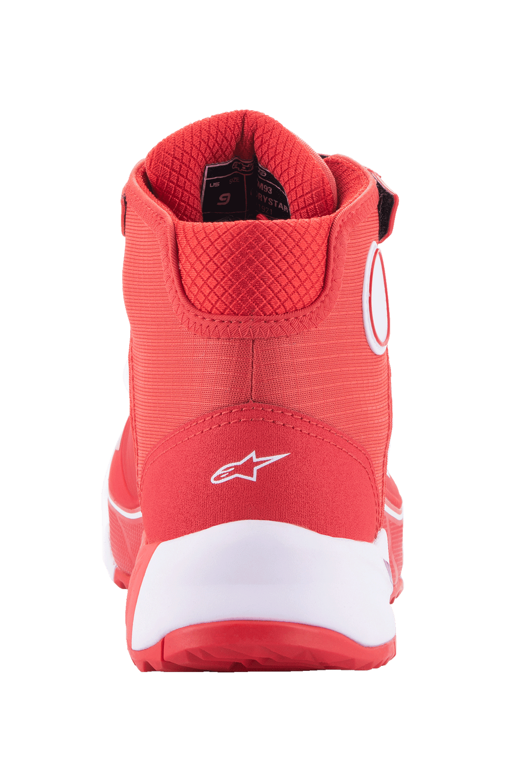 Alpinestars MM93 CR-X Drystar® Motorradschuhe, Hellrot und Weiß, Rückansicht der Ferse mit weißem Alpinestars-Logo, dicke weiße Zwischensohle und gepolsterter roter Mesh-Kragen