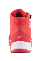Alpinestars MM93 CR-X Drystar® Motorradschuhe, Hellrot und Weiß, Rückansicht der Ferse mit weißem Alpinestars-Logo, dicke weiße Zwischensohle und gepolsterter roter Mesh-Kragen