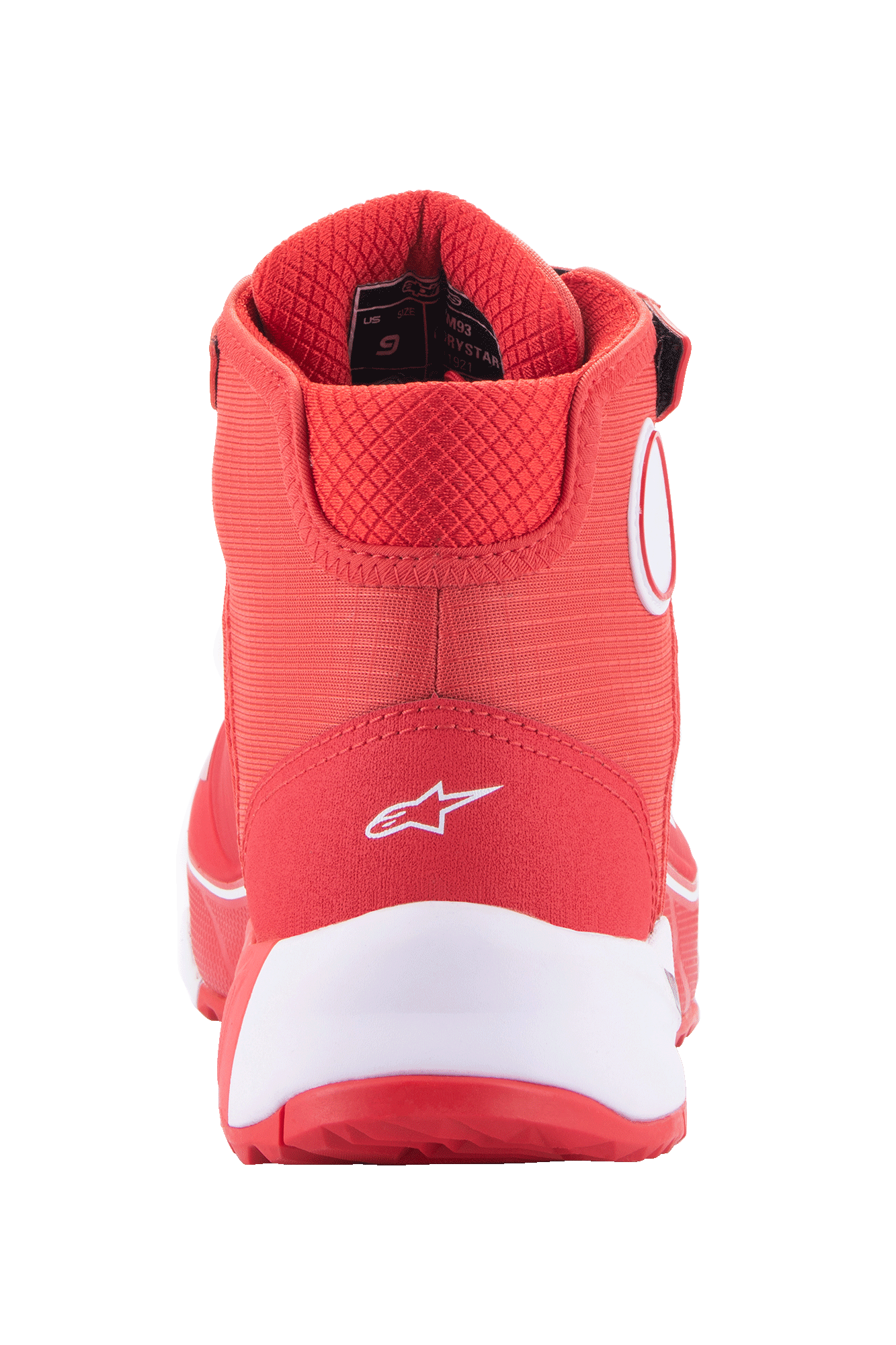 Alpinestars MM93 CR-X Drystar® Motorradschuhe, Hellrot und Weiß, Rückansicht der Ferse mit weißem Alpinestars-Logo, dicke weiße Zwischensohle und gepolsterter roter Mesh-Kragen