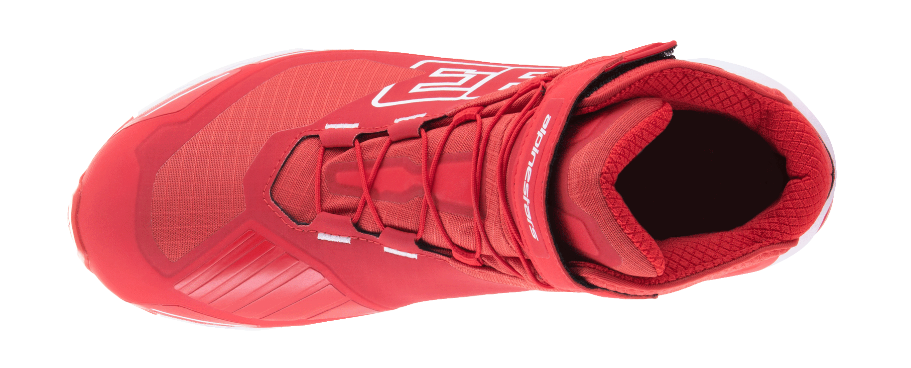 Alpinestars MM93 CR-X Drystar Motorradschuh, Hellrot und Weiß, Draufsicht mit Schnürsystem und verstellbarem Knöchelriemen, mit großer 93-Grafik und Alpinestars-Branding, wasserdichtes Motorradschuhwerk mit einem von Laufschuhen inspirierten Design
