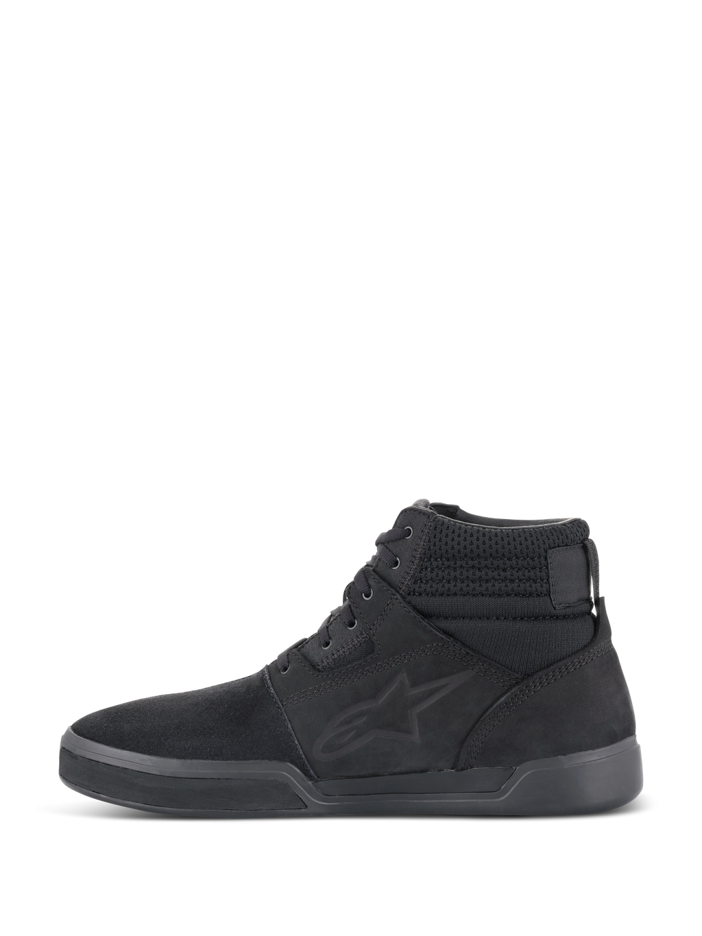Alpinestars Primer Motorradschuhe, Motorradschuhe, Schwarz Schwarz, Seitenprofil, lässiges High-Top-Sneaker-Design mit Alpinestars-Logo, strukturiertem Schaft und flacher Sohle