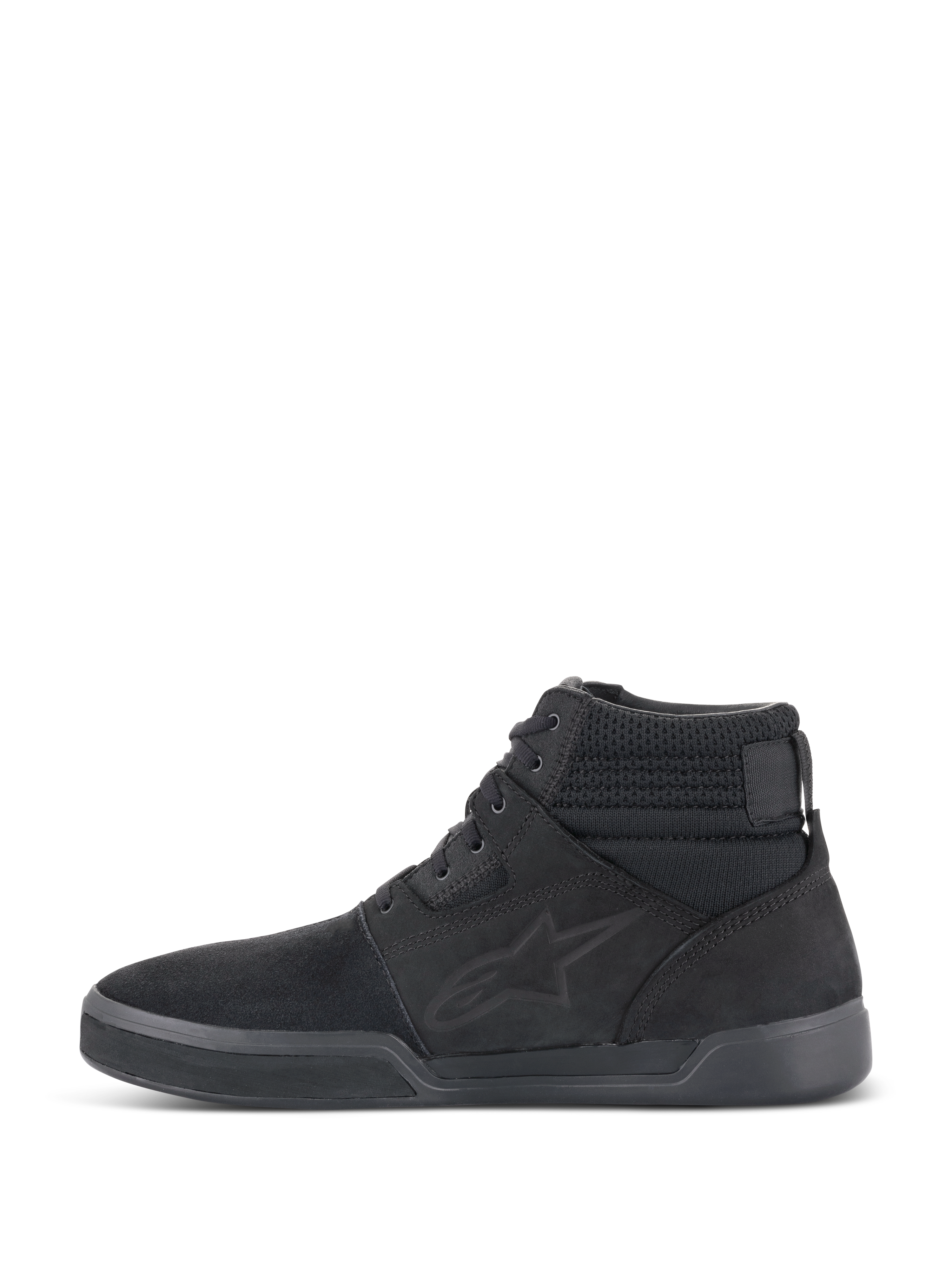 Alpinestars Primer Motorradschuhe, Motorradschuhe, Schwarz Schwarz, Seitenprofil, lässiges High-Top-Sneaker-Design mit Alpinestars-Logo, strukturiertem Schaft und flacher Sohle