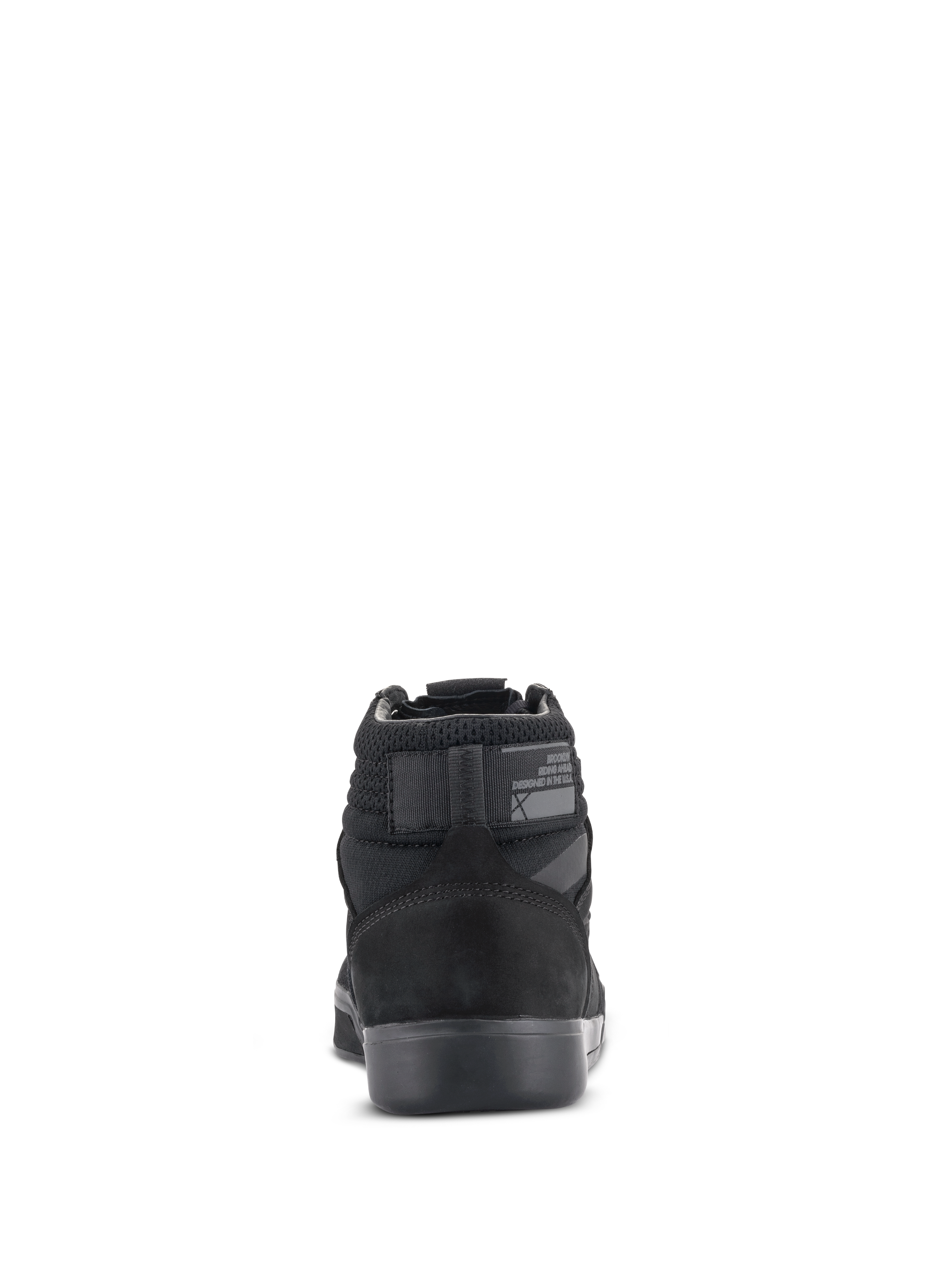 Alpinestars Primer Riding Shoes, Schwarz auf Schwarz, Rückansicht mit verstärkter Ferse, Mesh-Kragen und Gummisohle, schützendes urbanes Motorradschuhwerk