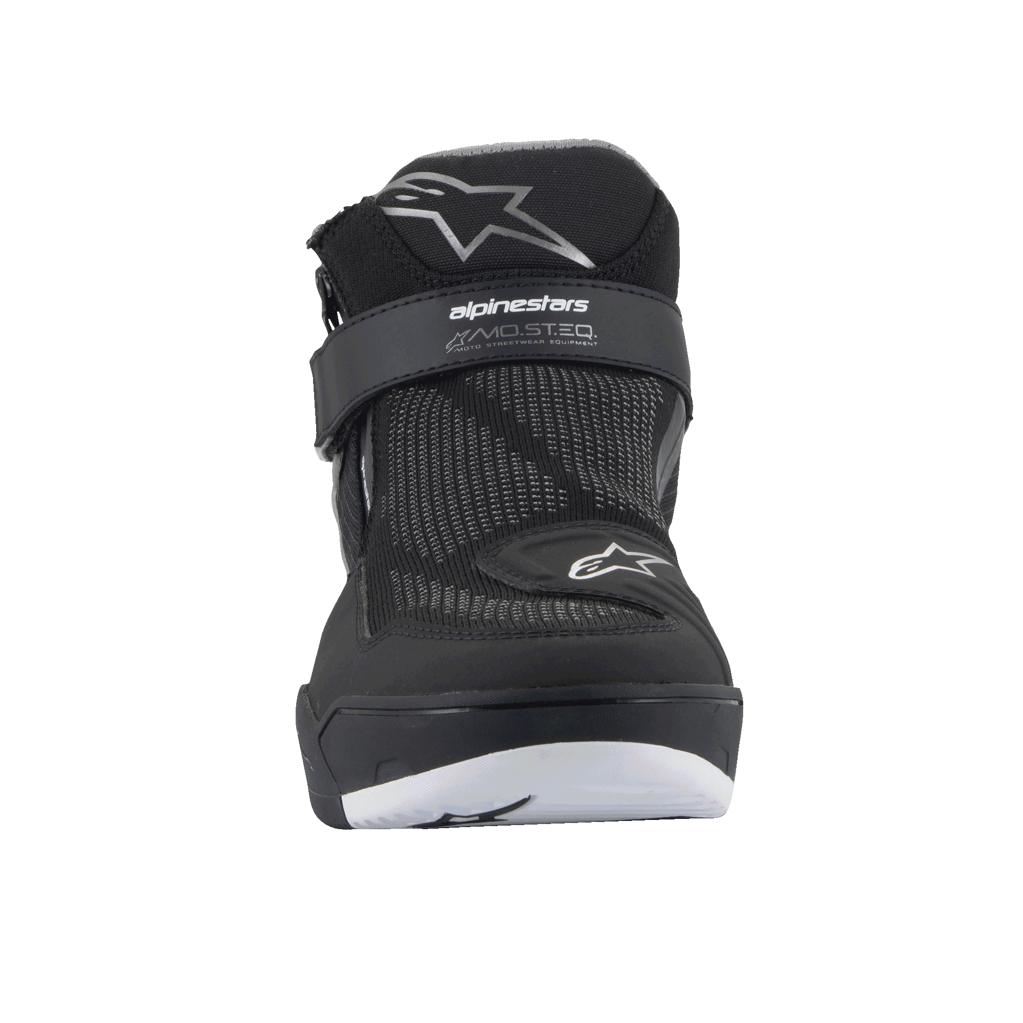 Alpinestars Speedflight Street Schuhe, Black Gun Metal, Vorderansicht mit Mesh-Obermaterial, Klettverschluss am Knöchel mit MO.ST.EQ.-Branding und Stern-Logos, moderne urbane Motorradschuhe