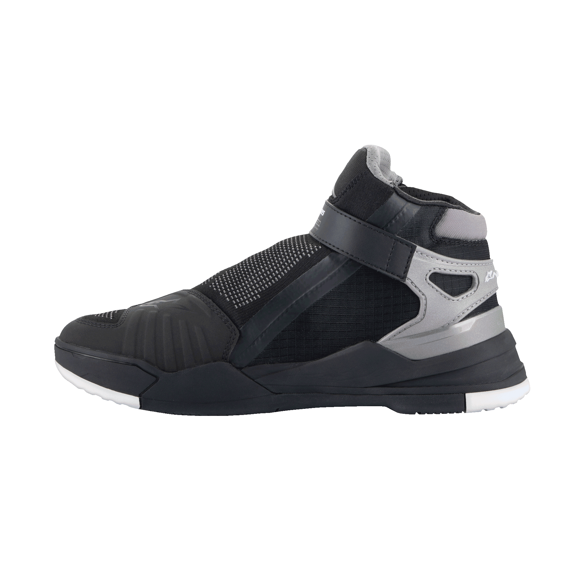 Alpinestars Speedflight Street Schuhe, urbane Motorradschuhe, Schwarz und Gun Metal, Seitenansicht mit Mesh-Obermaterial, TPU-Verstärkungen und seitlichem Riemenverschluss, sportliches Sneaker-inspiriertes Design