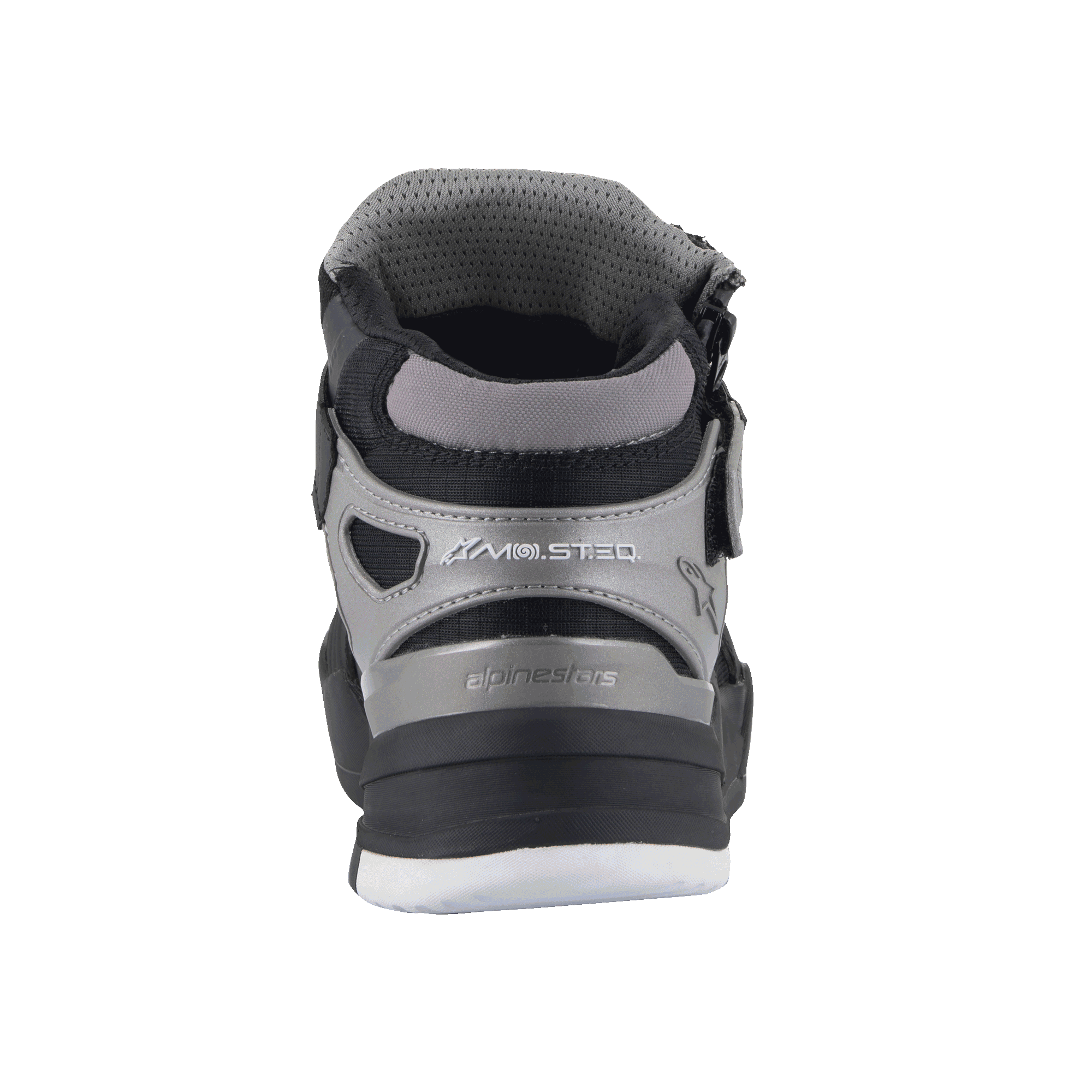 Alpinestars Speedflight Street Schuhe, Black Gun Metal, Rückansicht eines urbanen Motorradschuhs, mit MO.ST.EQ-Branding an der Ferse, graue und schwarze Mesh- und Synthetikeinsätze, strapazierfähige strukturierte Sohle.