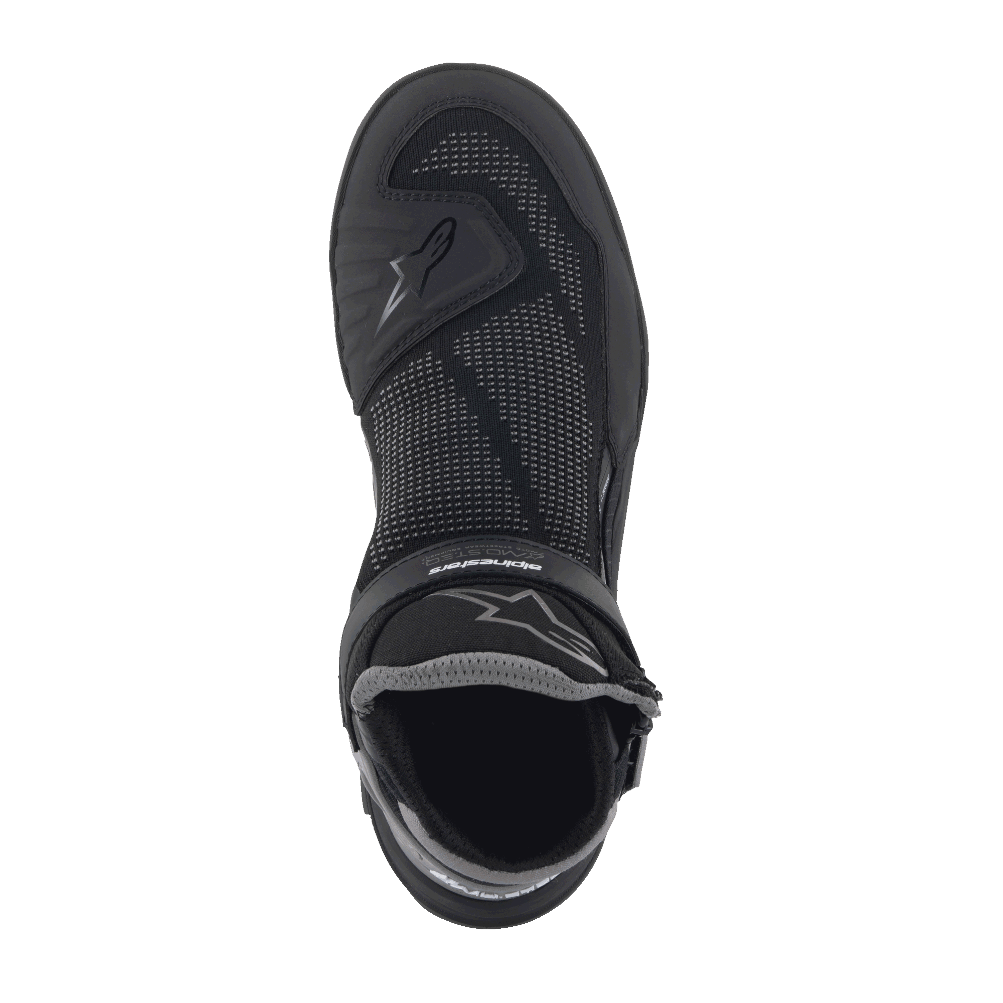 Alpinestars Speedflight Street Schuhe, Black Gun Metal, Draufsicht eines einzelnen Schuhs mit Mesh-Obermaterial, TPU-Verstärkungen und Klettverschluss, urbane Motorradschuhe