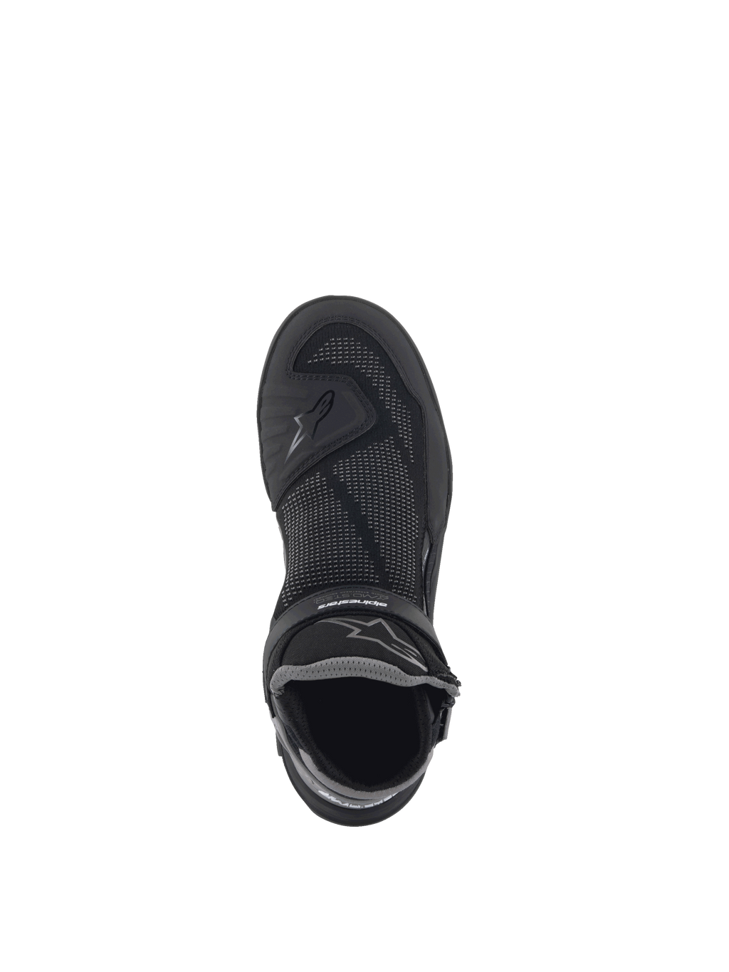 Alpinestars Speedflight Street Schuhe, urbaner Motorradschuh, Schwarz und Gun Metal, Mesh-Obermaterial in Draufsicht.