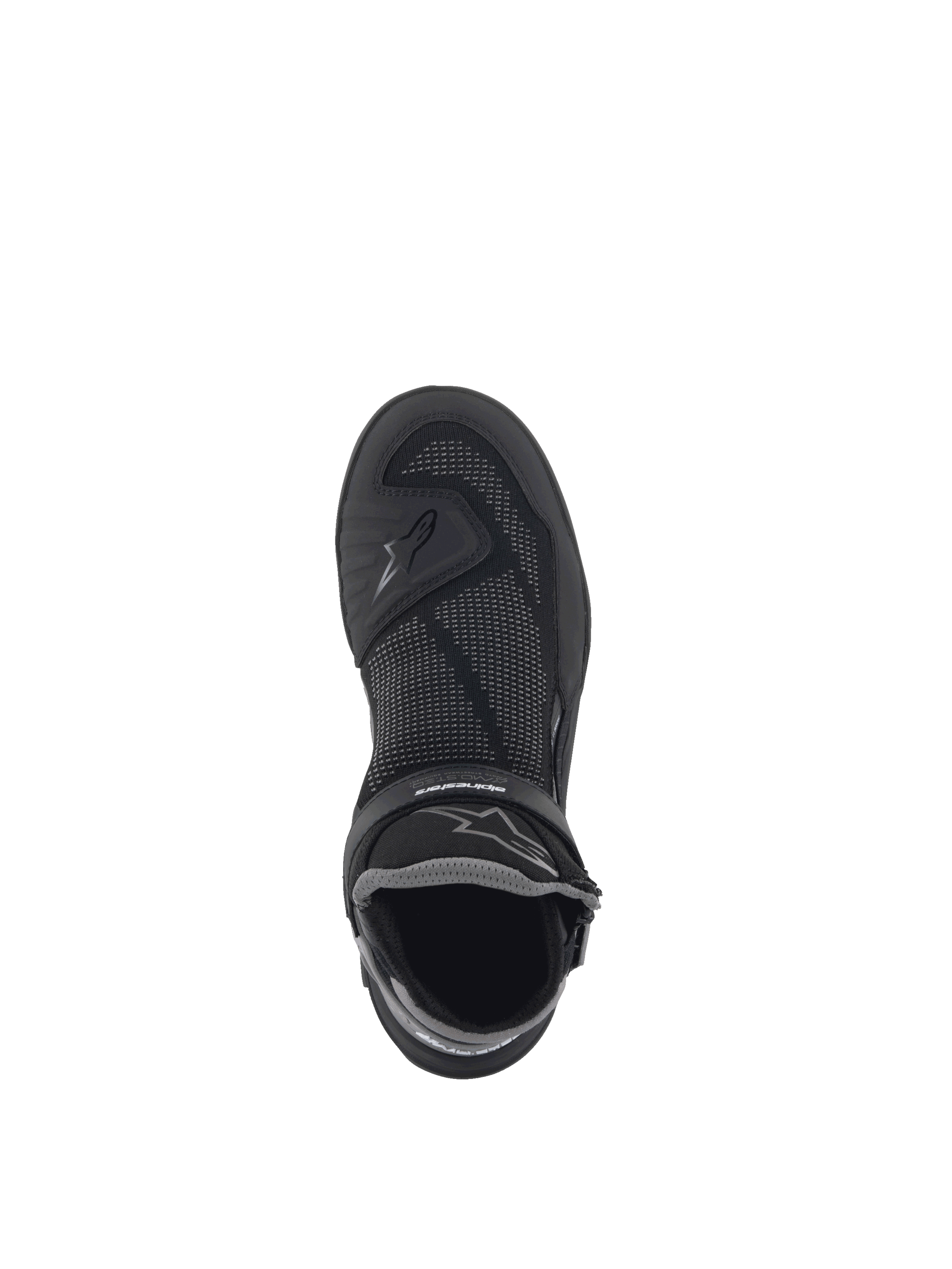 Alpinestars Speedflight Street Schuhe, urbaner Motorradschuh, Schwarz und Gun Metal, Mesh-Obermaterial in Draufsicht.