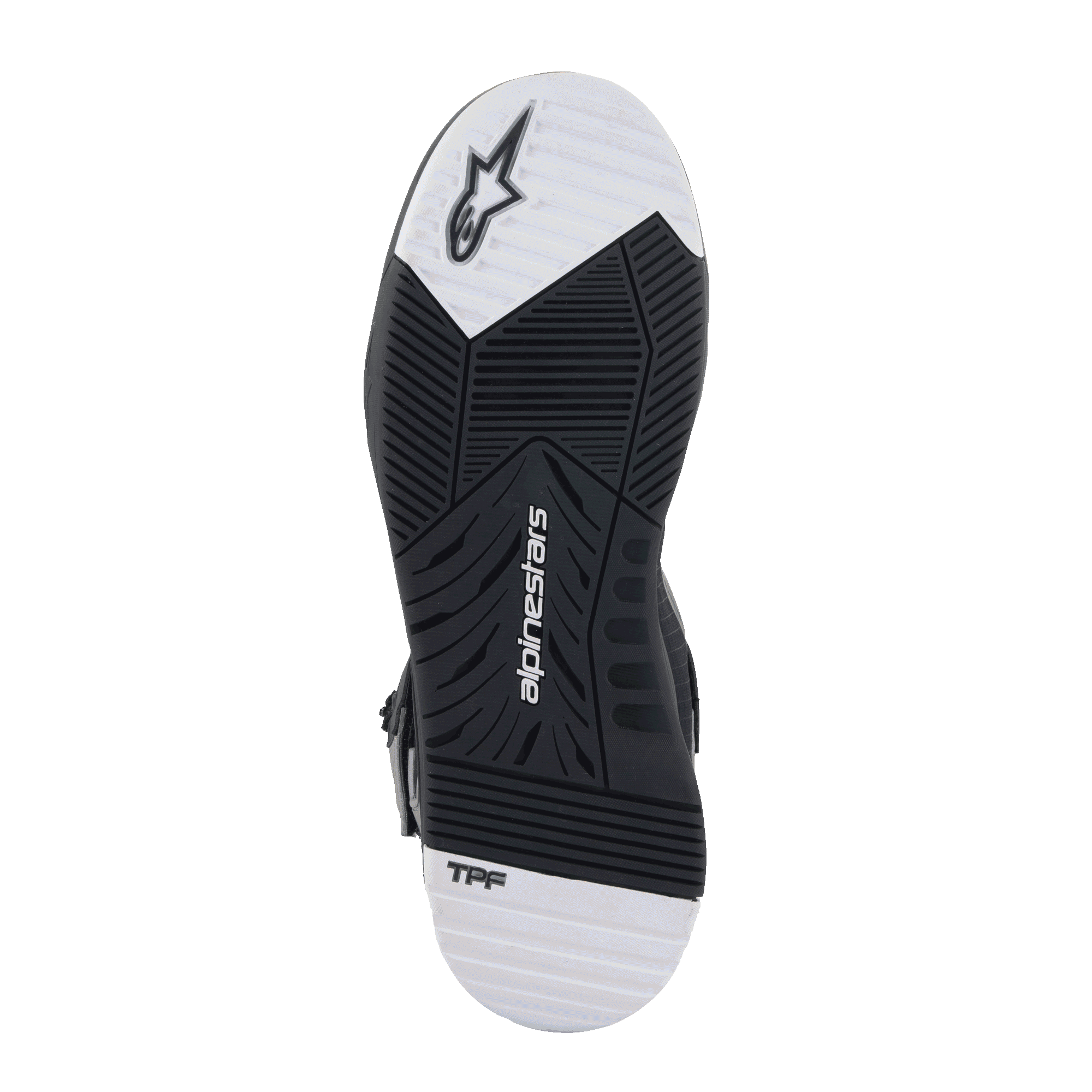 Alpinestars Speedflight Street Schuhe, Sohlenansicht, schwarz-weiße Dual-Density-Gummiaußensohle mit abgestuftem Profilmuster, mit Alpinestars-Logo und TPF-Branding, urbane Motorradschuhe