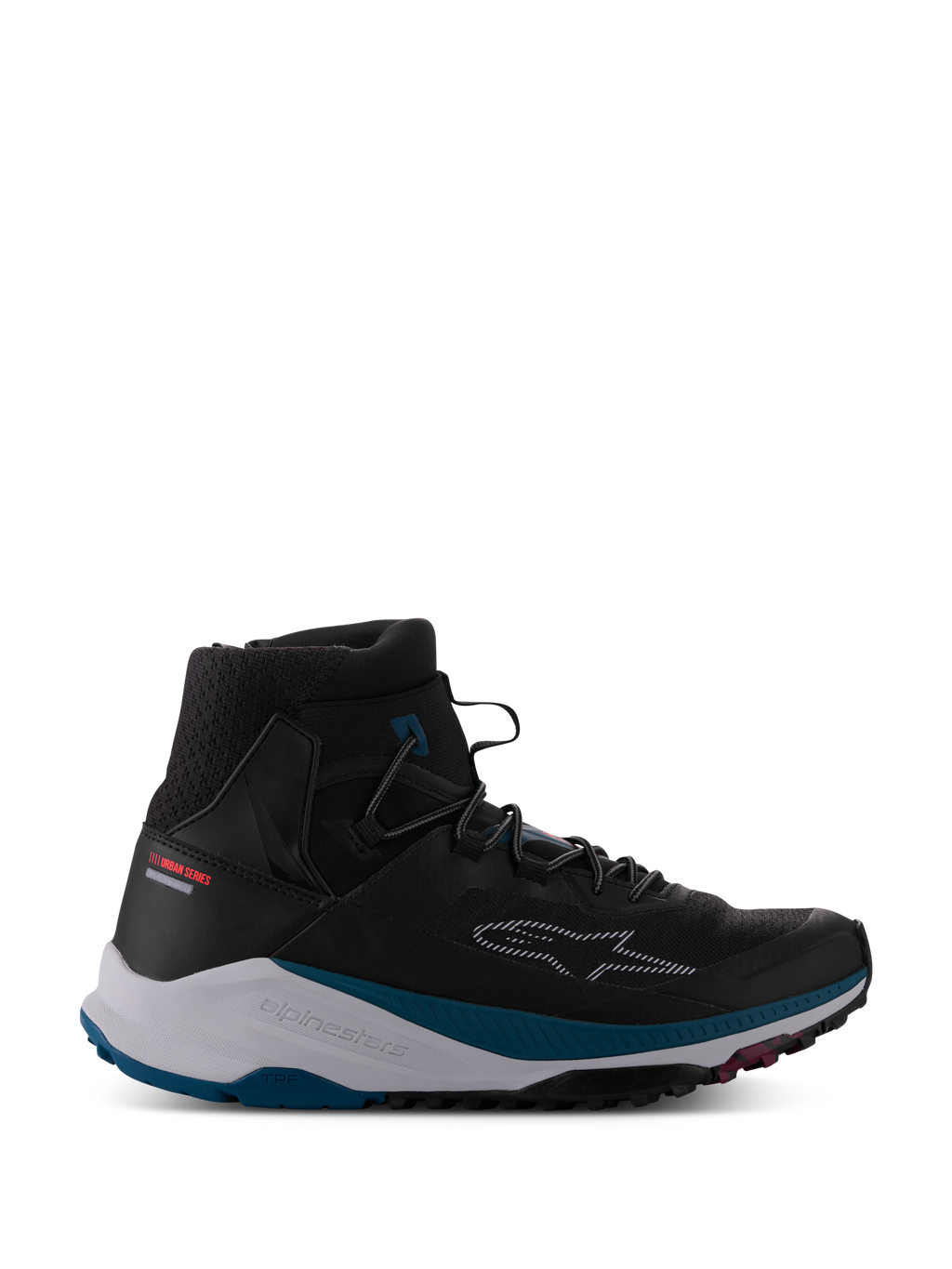 Alpinestars Speedforce XR Schuhe, schwarze High-Top Motorrad-Urban-Sneaker, strukturierter atmungsaktiver Mesh-Knöchelbereich, weiße Mittelsohle mit petrolgrünen Akzenten, robuste schwarze Sohle mit pinken Details, gestricheltes Stern-Logo an der Seite, Urban Series Kollektion, moderne Street-Riding-Schuhe
