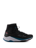 Alpinestars Speedforce XR Schuhe, schwarze High-Top Motorrad-Urban-Sneaker, strukturierter atmungsaktiver Mesh-Knöchelbereich, weiße Mittelsohle mit petrolgrünen Akzenten, robuste schwarze Sohle mit pinken Details, gestricheltes Stern-Logo an der Seite, Urban Series Kollektion, moderne Street-Riding-Schuhe
