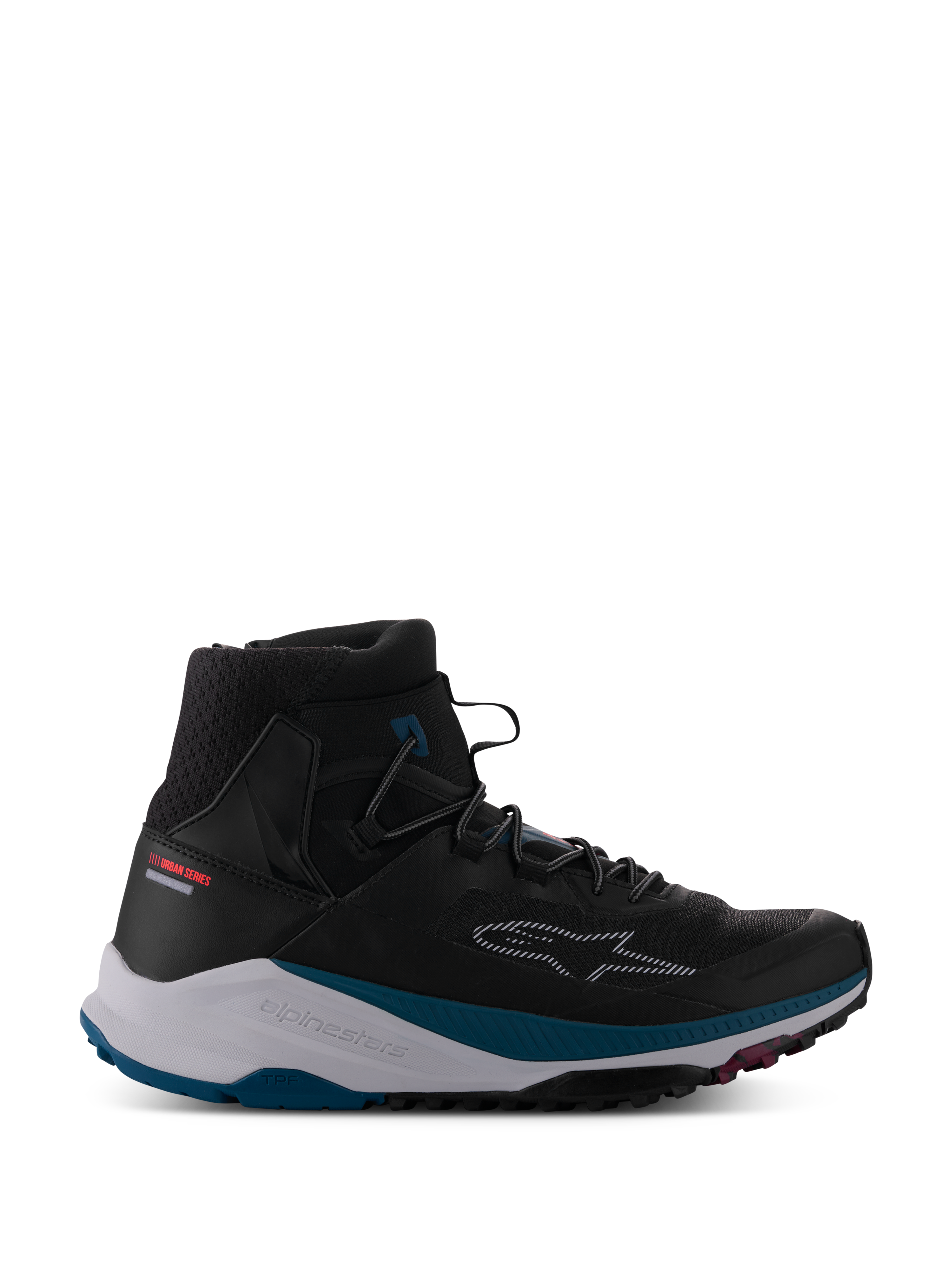 Alpinestars Speedforce XR Shoes, Black high-top motorcycle urban sneaker, textured breathable mesh ankle collar, white midsole with petrol green accents, rugged black sole with pink details, dashed star logo on side, Urban Series collection, modern street riding footwear