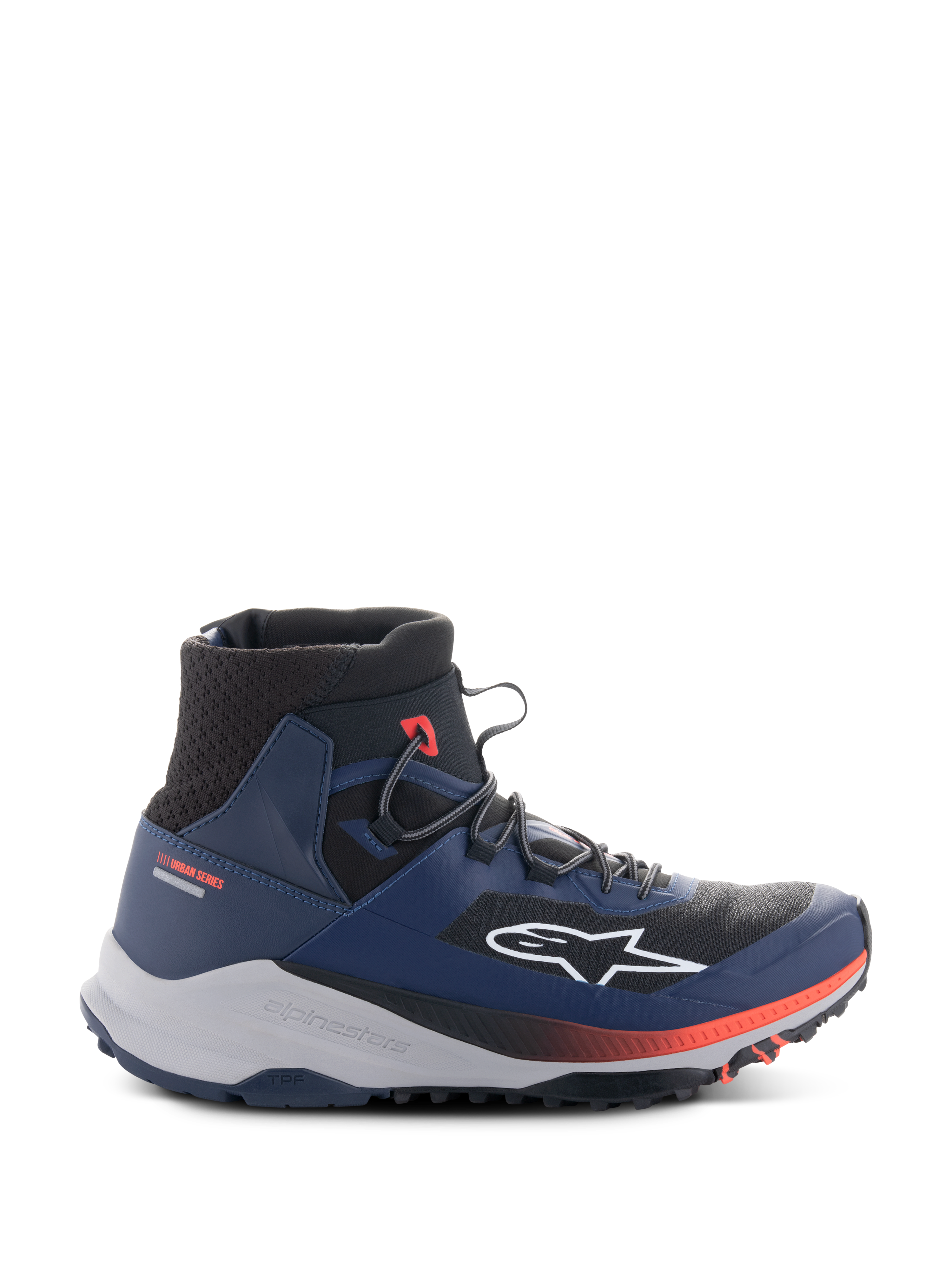 Alpinestars Speedforce XR Schuhe, High-Top Urban Motorrad-Sneaker, Blau und Schwarz mit roten Akzenten, robuste hellgraue Sohle, Mesh-Struktur am Knöchel, Seitenansicht