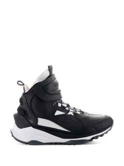 Alpinestars Speedstreet Shoes, high-top motorcycle sneakers, black and white, side view featuring a large hook-and-loop ankle strap, thick white midsole with Alpinestars and TPF branding, and rugged rubber outsole for urban riding.