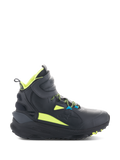 Alpinestars Speedstreet Schuhe, schwarze High-Top Motorrad-Sneaker mit neongelben und blauen Akzenten, mit dicker strukturierter Sohle, gepolstertem Kragen und modernem sportlichem Design für urbanes Fahren