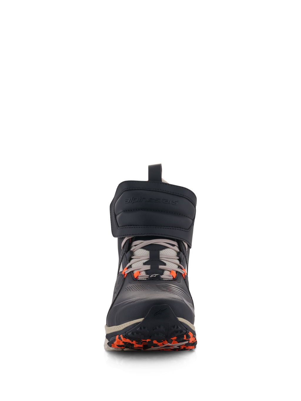 Alpinestars Speedstreet Shoes, Urban Motorcycle Riding Shoes, Black Almond and Hot Orange, front view featuring a large hook-and-loop ankle strap, lace-up closure, and orange accents on the sole