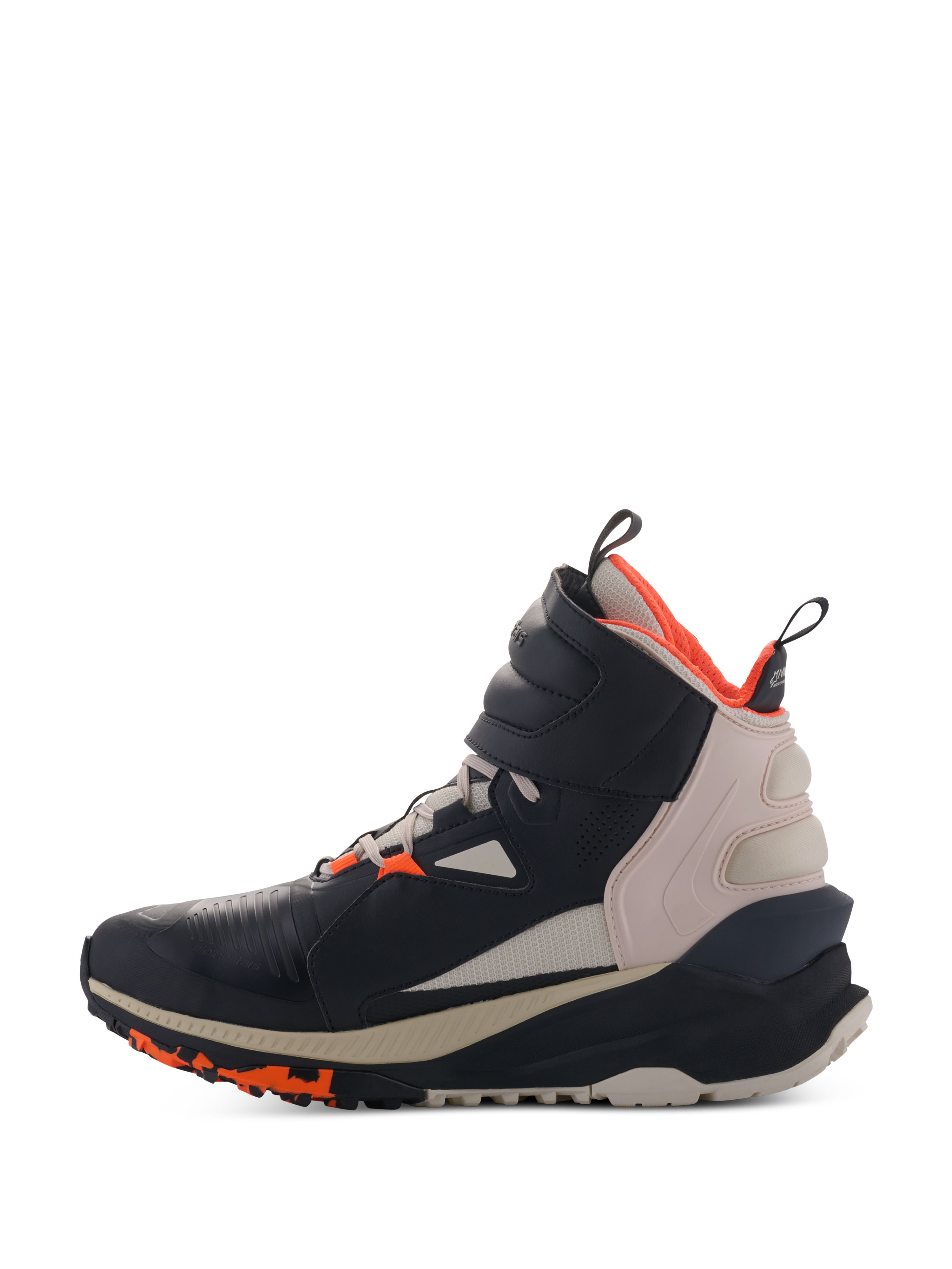 Alpinestars Speedstreet Shoes, Black Almond Hot Orange, high-top motorcycle riding shoe with microfiber upper, almond beige heel panel and hot orange lining, featuring a large ankle strap and textured sole, urban streetwear-inspired design