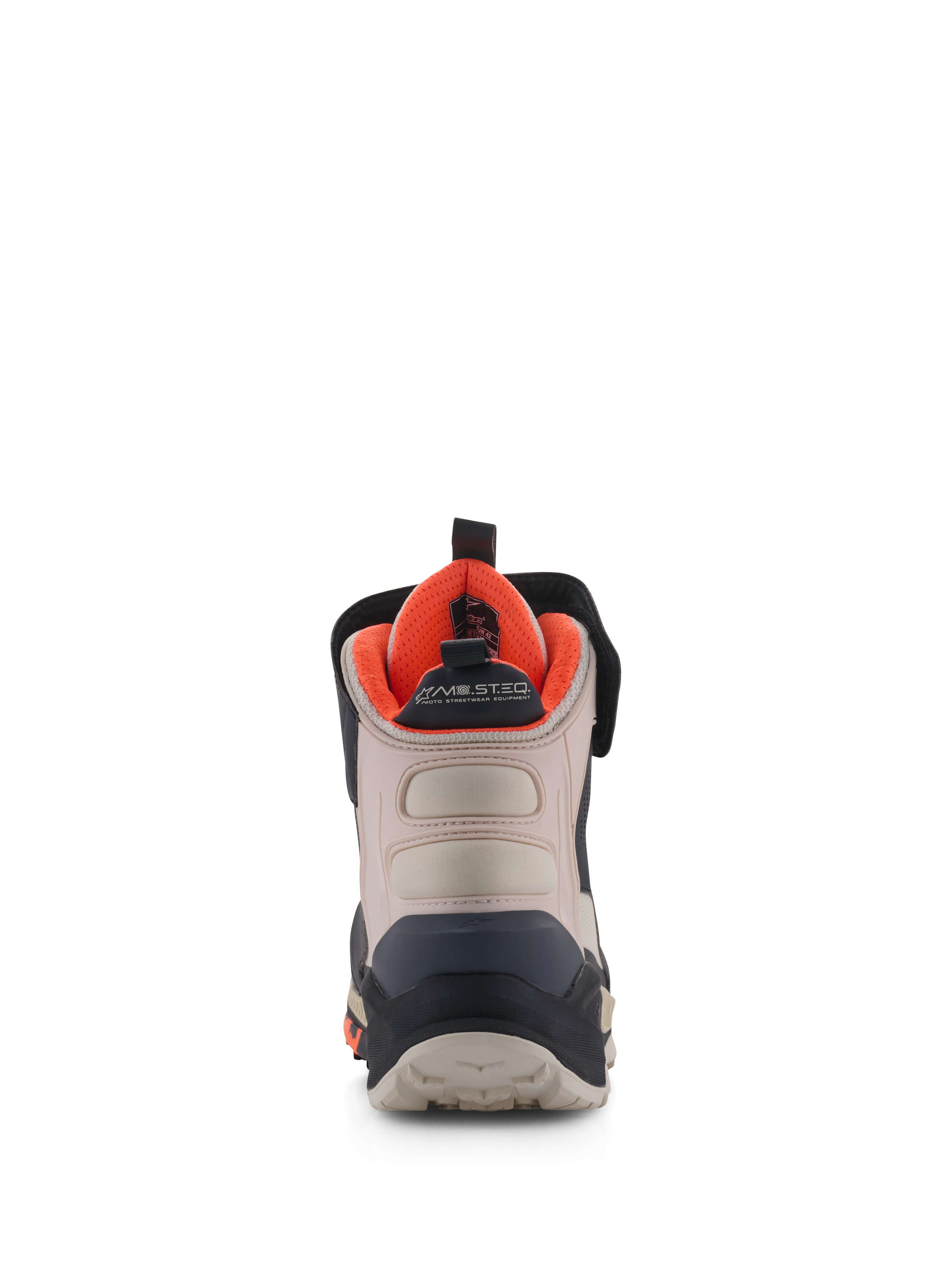 Alpinestars Speedstreet Shoes, Motorcycle Riding Shoes, Black Almond and Hot Orange, rear view showing reinforced heel counter, almond microfiber panels, bright orange interior lining, and MO.ST.EQ. branding