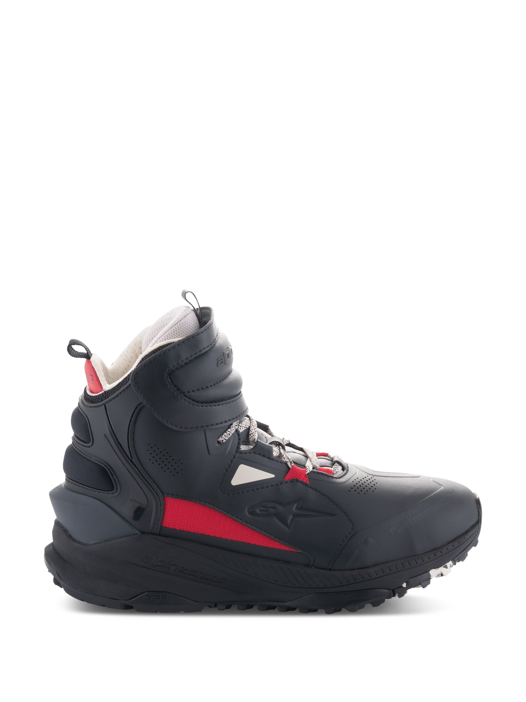 Alpinestars Speedstreet Schuhe, Motorradschuhe, Schwarz, Ecru und Hellrot, High-Top-Seitenprofil, Streetwear-inspiriertes Design, gepolsterter Knöchelbund, dicke Sohle mit TPF-Markierung, Schutzausrüstung für urbane Fahrten